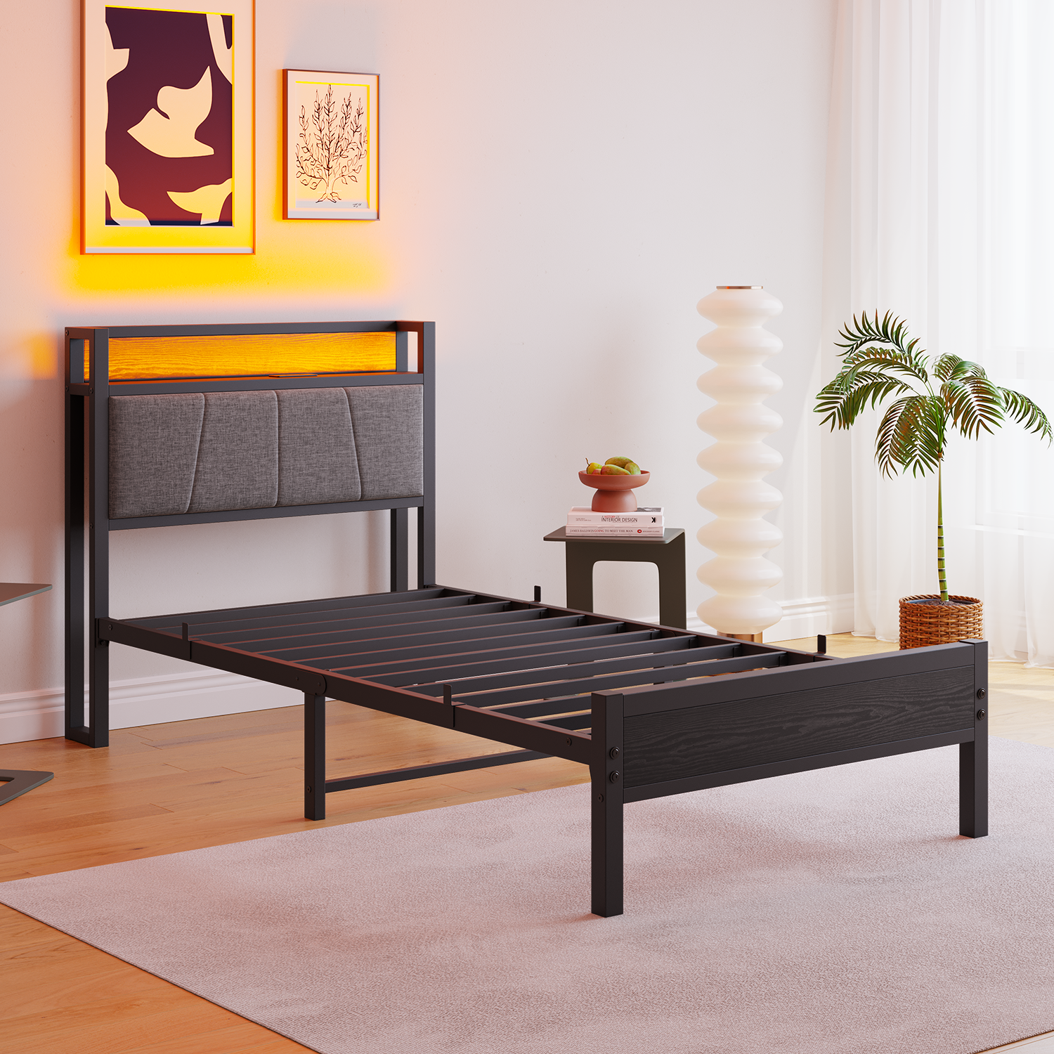 90x200cm Bed Frame Smart LED Lights USB Charging Headboard - Metal