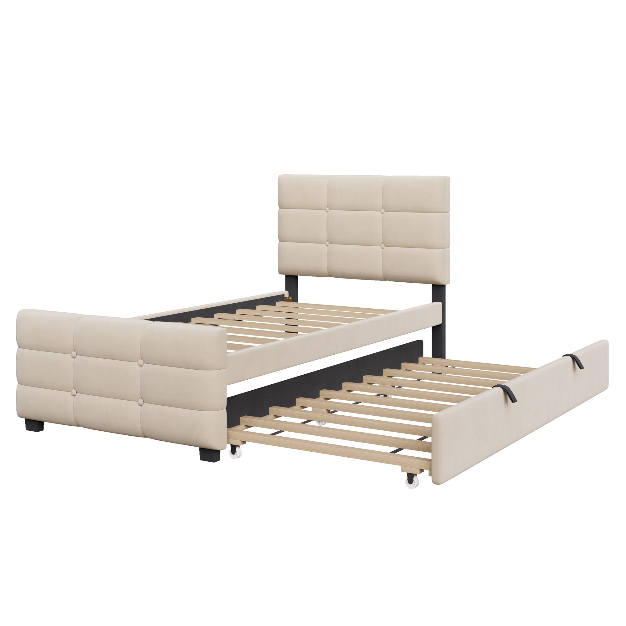 Upholstered Single Bed with Pull-out Guest Bed and Slatted Frame, 90x190cm, Beige Velvet