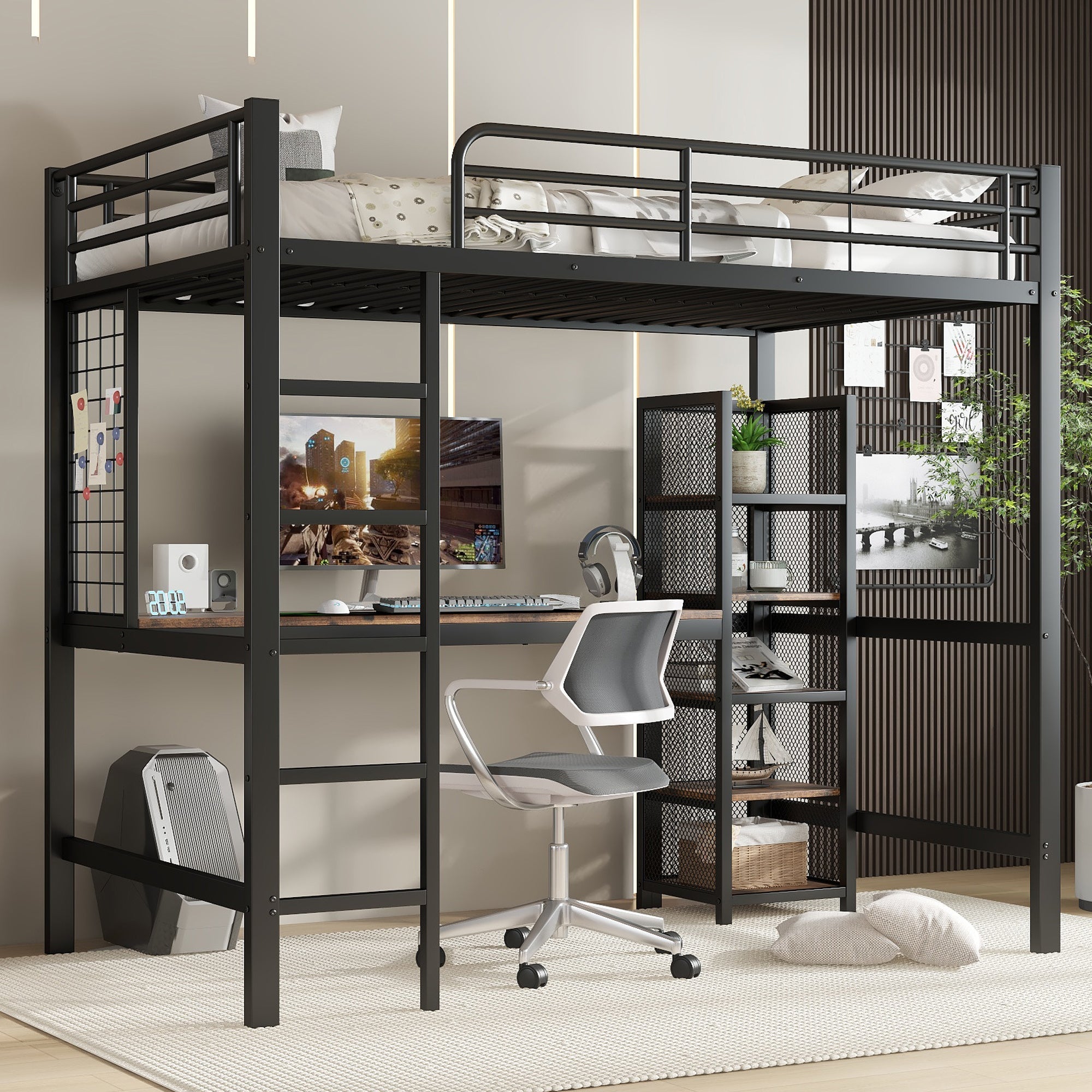 Loft Bed 90x200cm with Table and Shelving Unit, Iron/MDF Black/Dark Wood