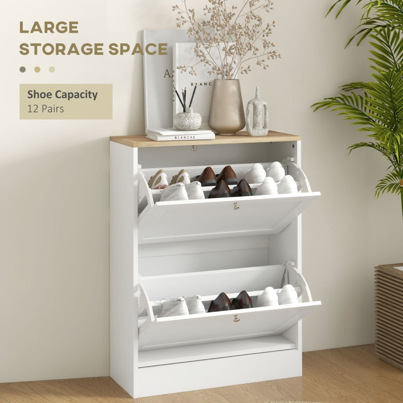 Two Flip Drawer Shoe Cabinet, Slim Storage Adjustable Shelves, White