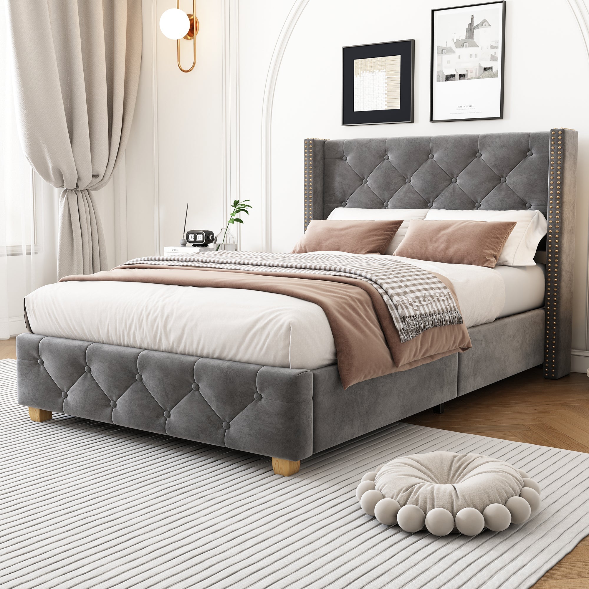 Upholstered Bed 90x200cm Headboard Button Studded Wooden Legs - Velvet Grey