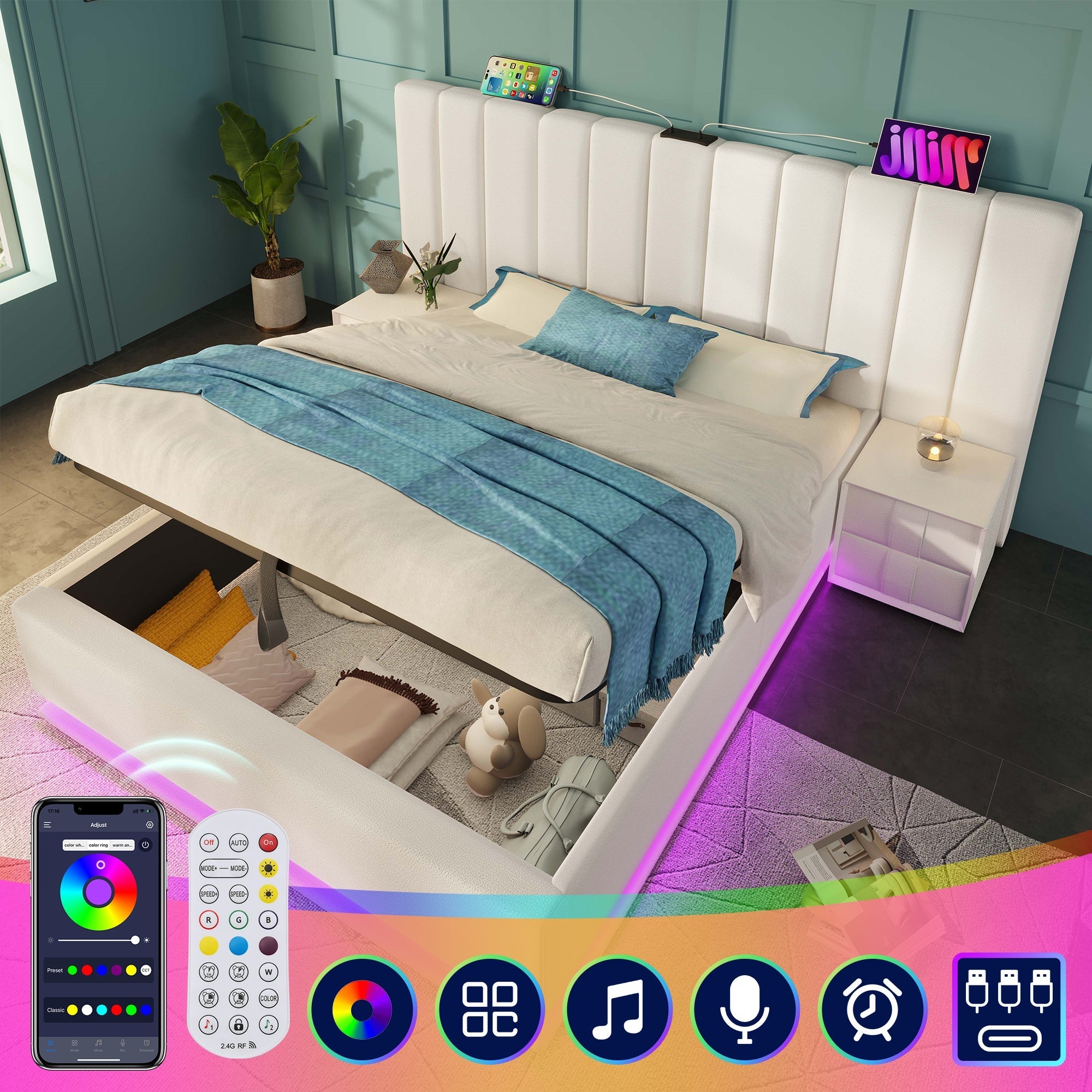 Upholstered Bed 180x200 Double Storage with App Control LED & USB-C Charging, PU White