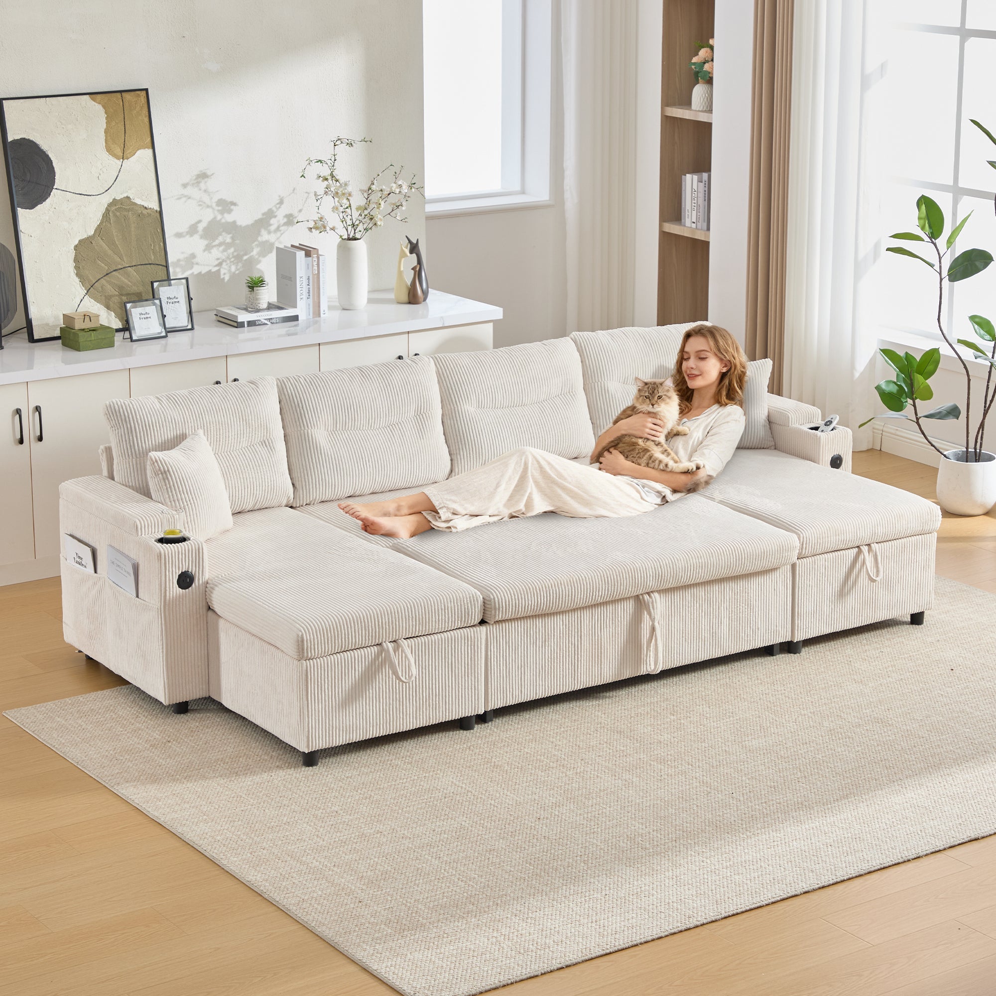 Modern 4-Seater Sofa with Double Chaise, Pull-out Bed, Storage and USB Ports, Beige Velvet