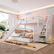 Bunk Bed 90x200 over 140x200 with Drawers Storage and Slide - White