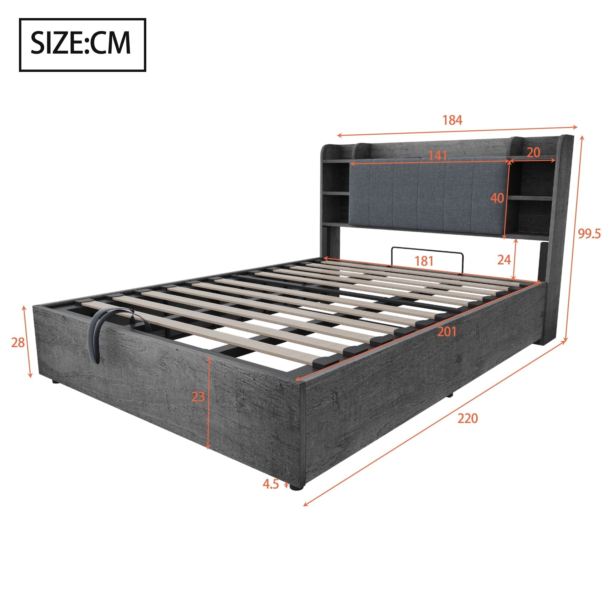 Hydraulic Bed with Storage Headboard and USB Charging, 180x200cm, Grey Wood