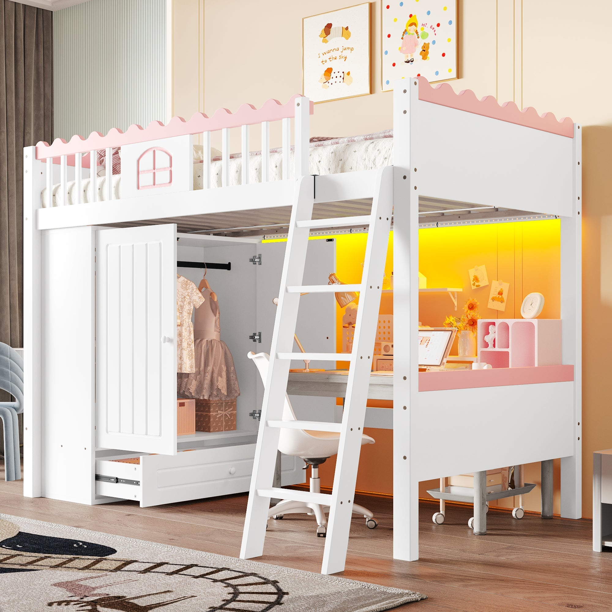 Loft Bed 90x200cm Single Storage Wardrobe LED - White Pine Wood