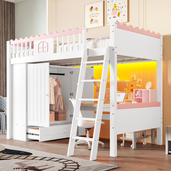 Loft Bed 90x200cm Single Storage Wardrobe LED - White Pine Wood