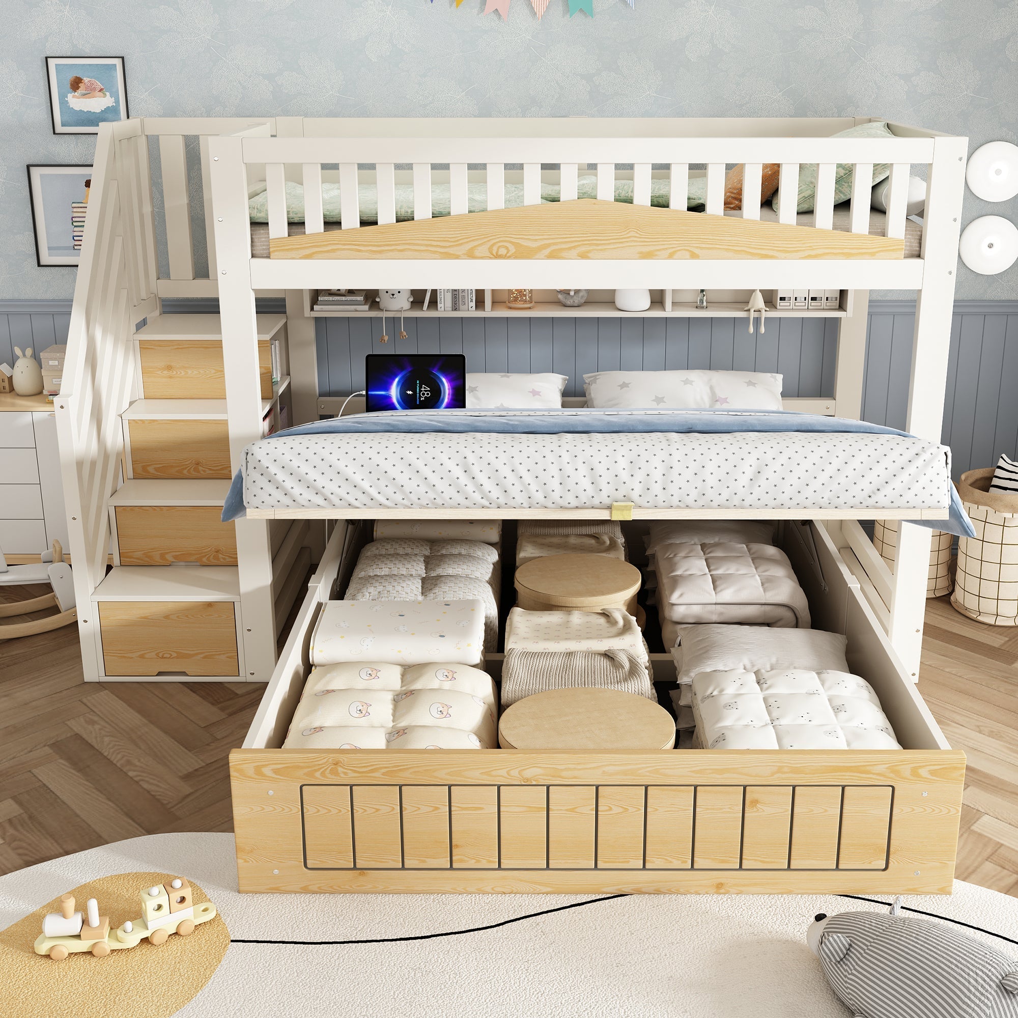 Children's Wooden Bunk Bed 90x200 & 140x200 cm with Hydraulic Storage and USB-C Port, White and Natural