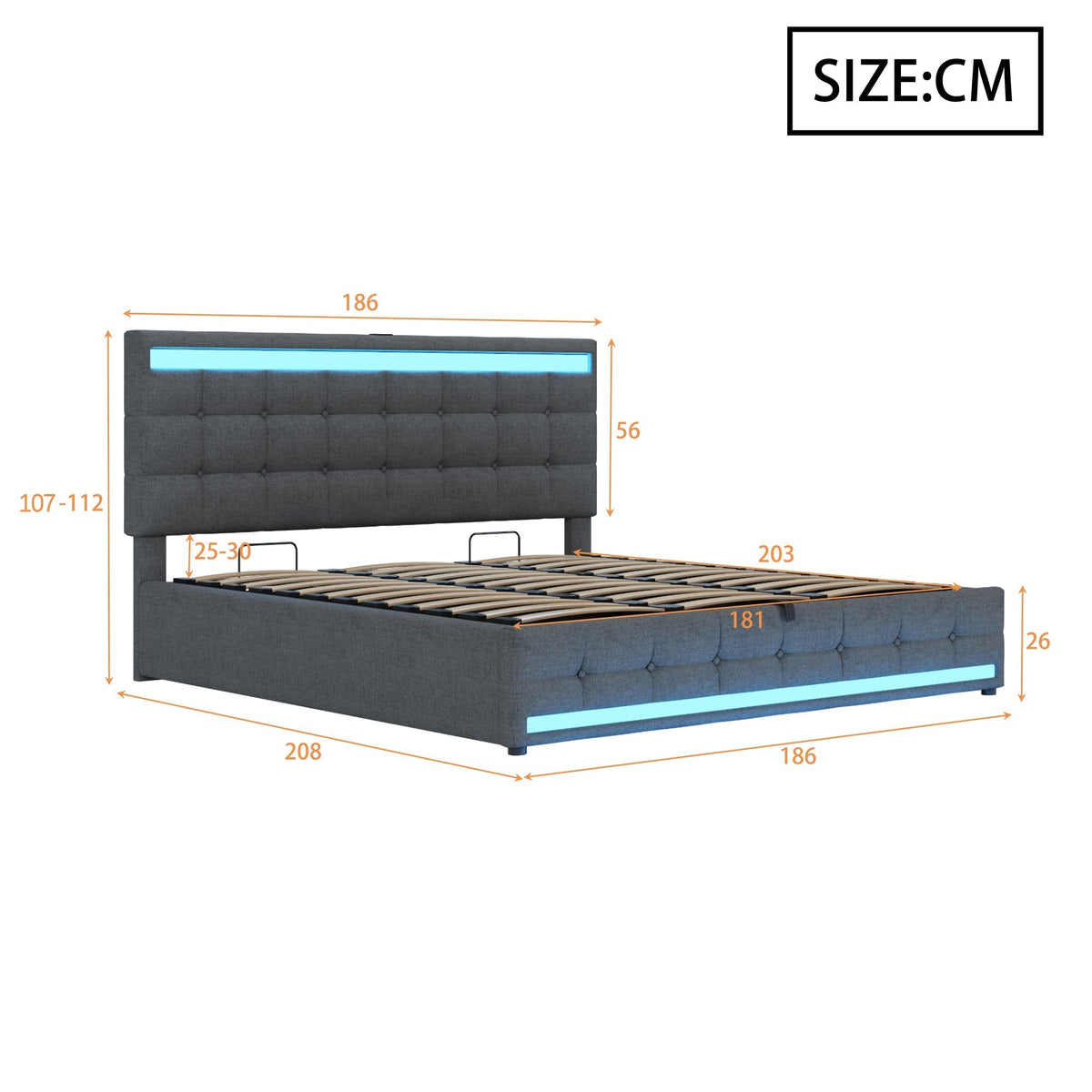 Upholstered Bed 180x200 Hydraulic Storage USB LED Light Strip Children's Bed, Grey Linen