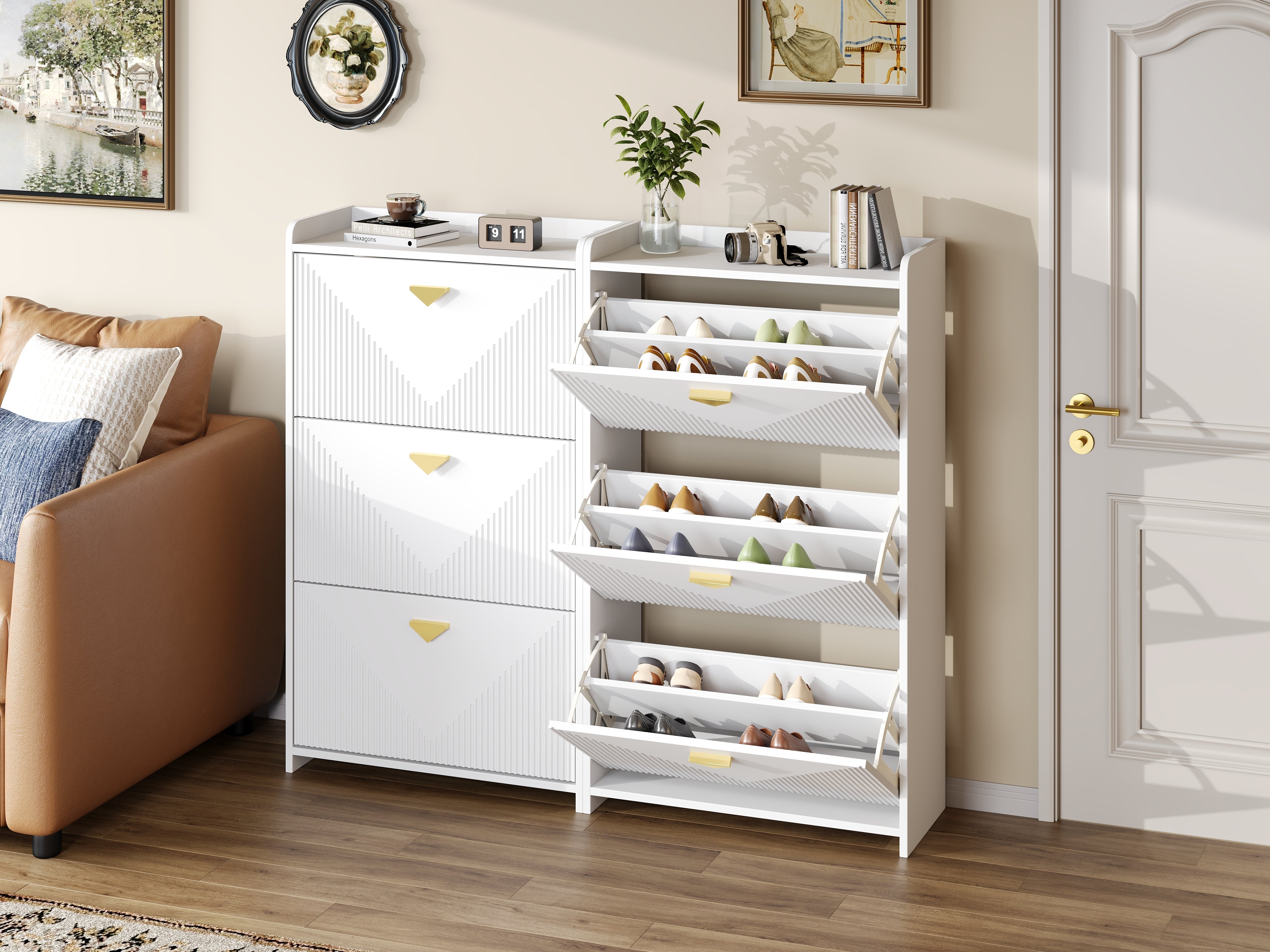 Shoe Cabinet with 6 Drop-Down Doors and Adjustable Width, White MDF