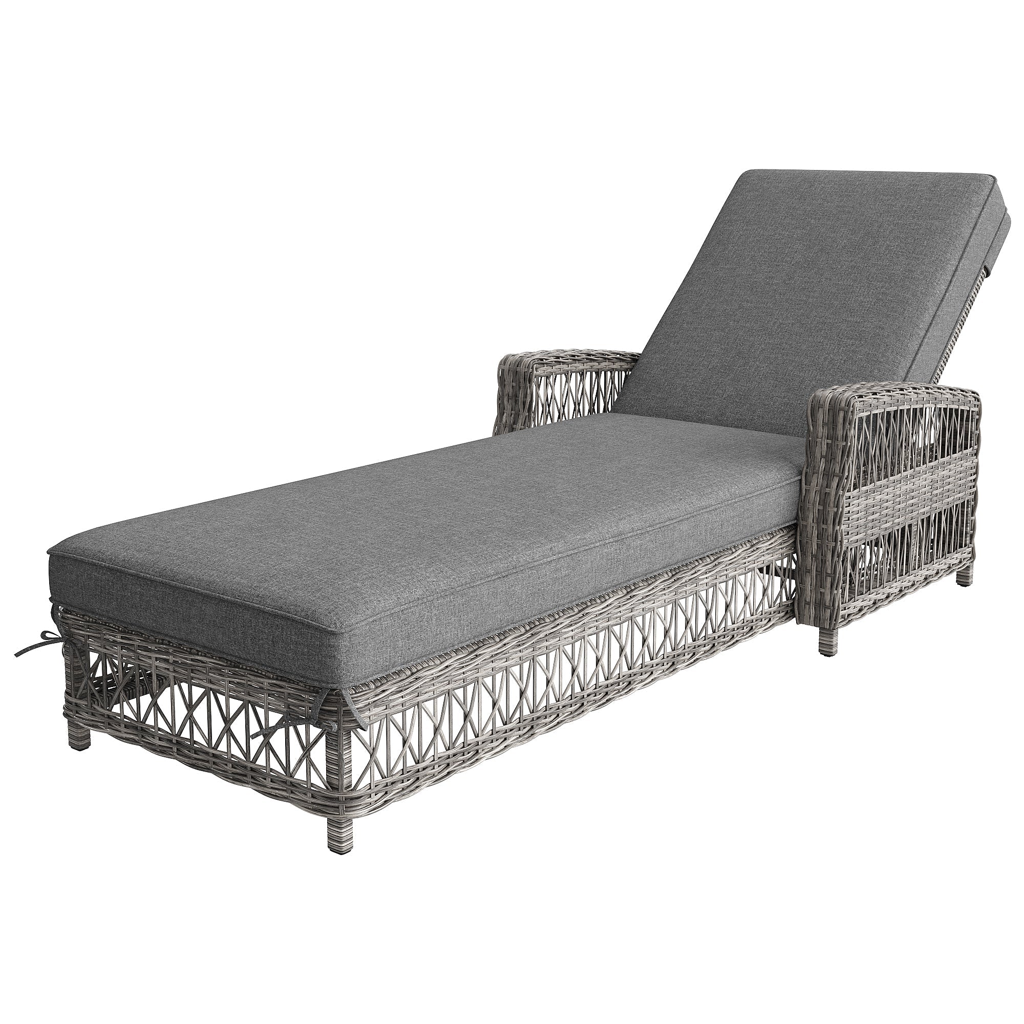 Outdoor Lounger Set of 4 with Adjustable Backrest and Removable Cushion, Grey Rattan