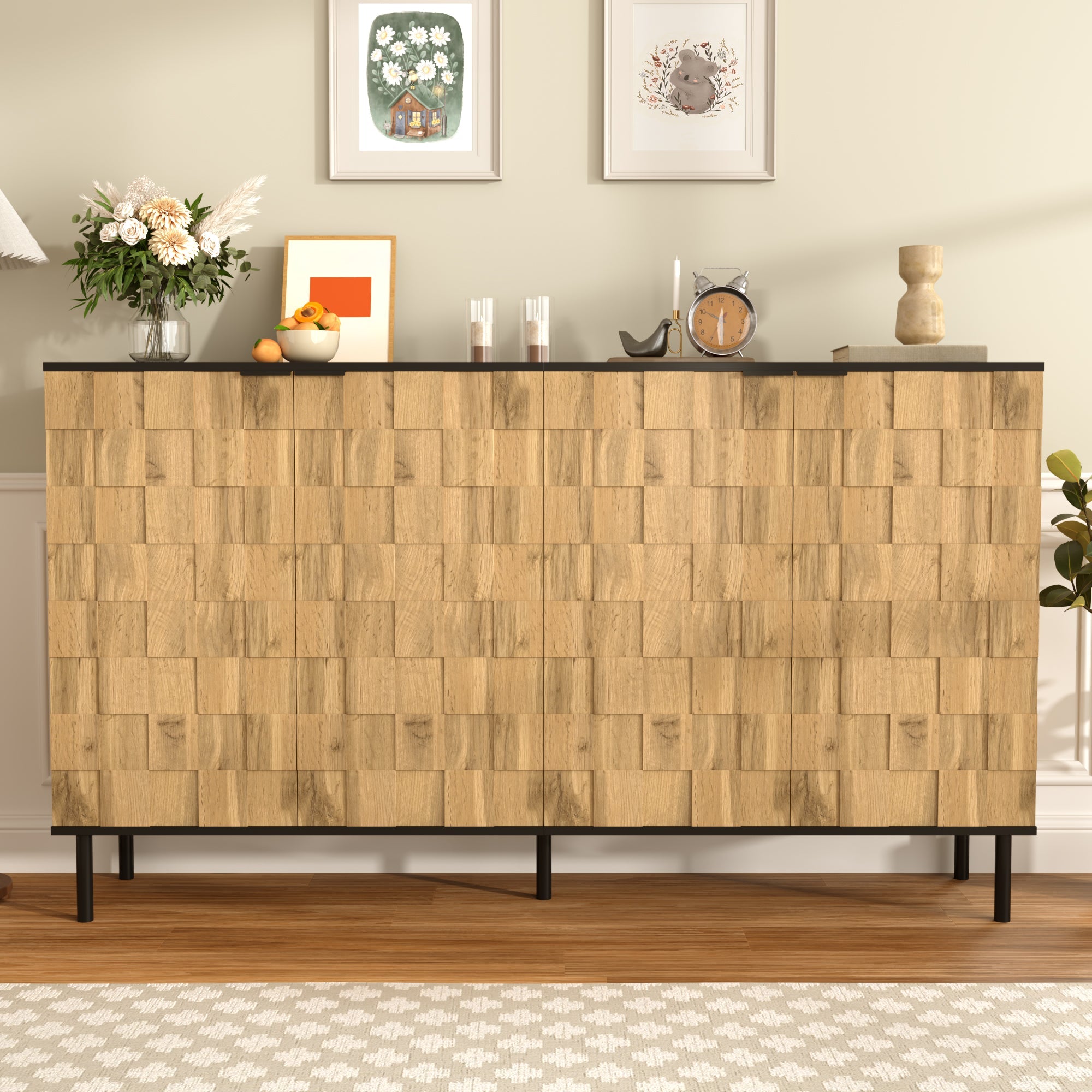 Mosaic Sideboard, 2-Door Storage Cabinet with Metal Feet, Wood-Look Chipboard