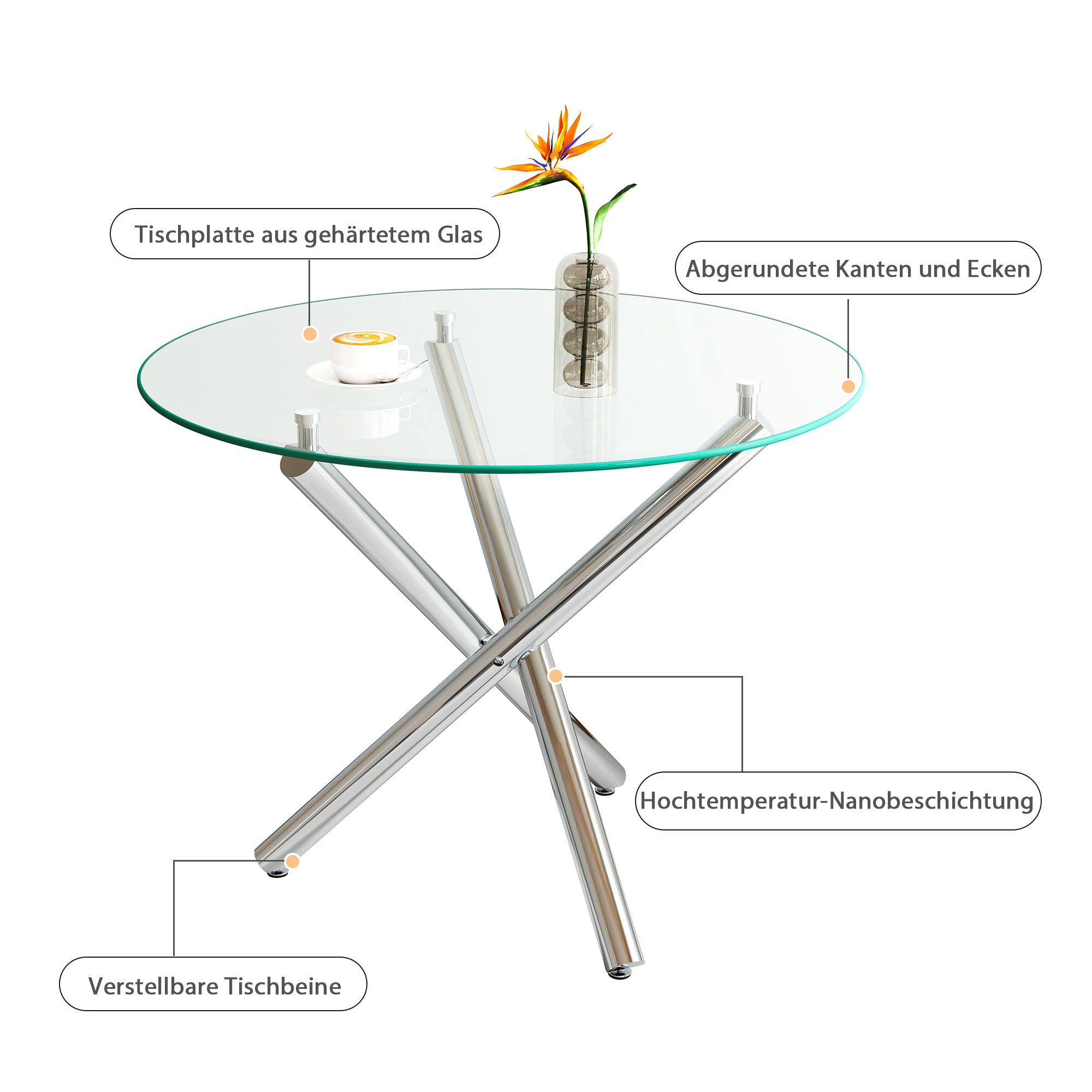 Round Dining Table 80x80x76cm Tempered Glass Metal Legs
