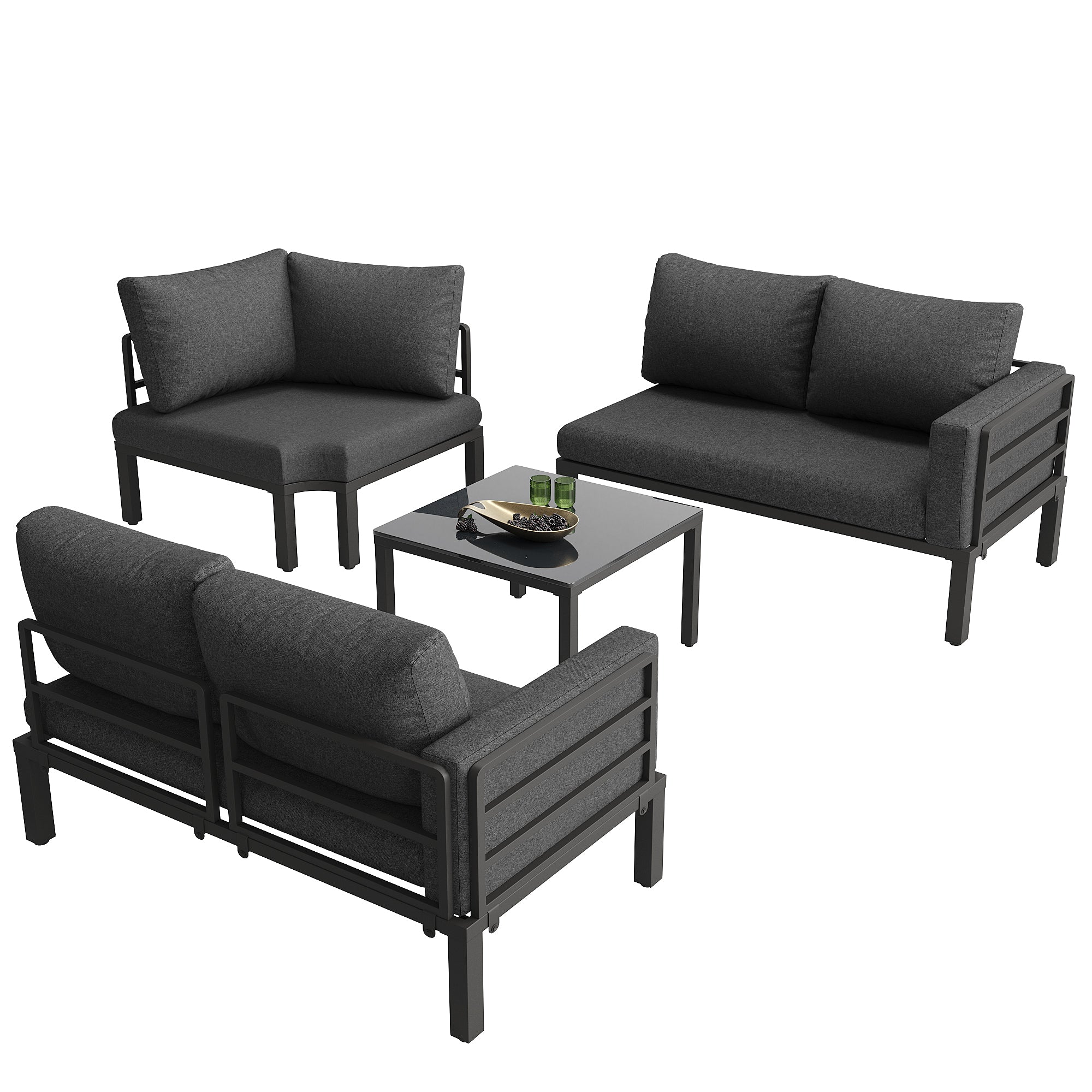 Modular Garden Furniture Set with Corner Sofa, Rocking Chair and Glass Table, Metal Frame and Rope Weave
