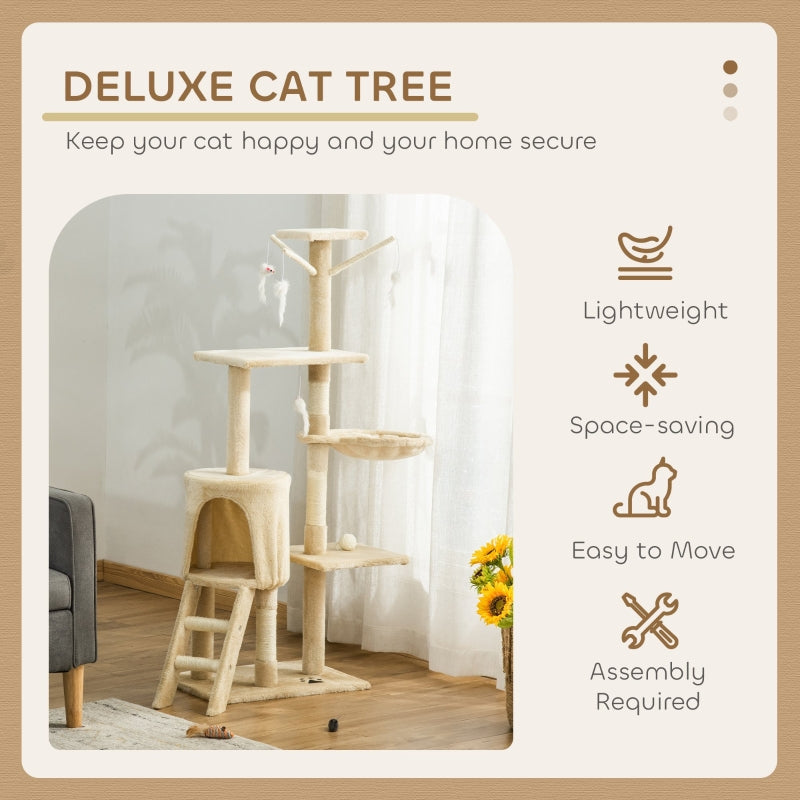 Cat Tree 135cm Kitten Tower Scratching Post Climbing Tower, Beige