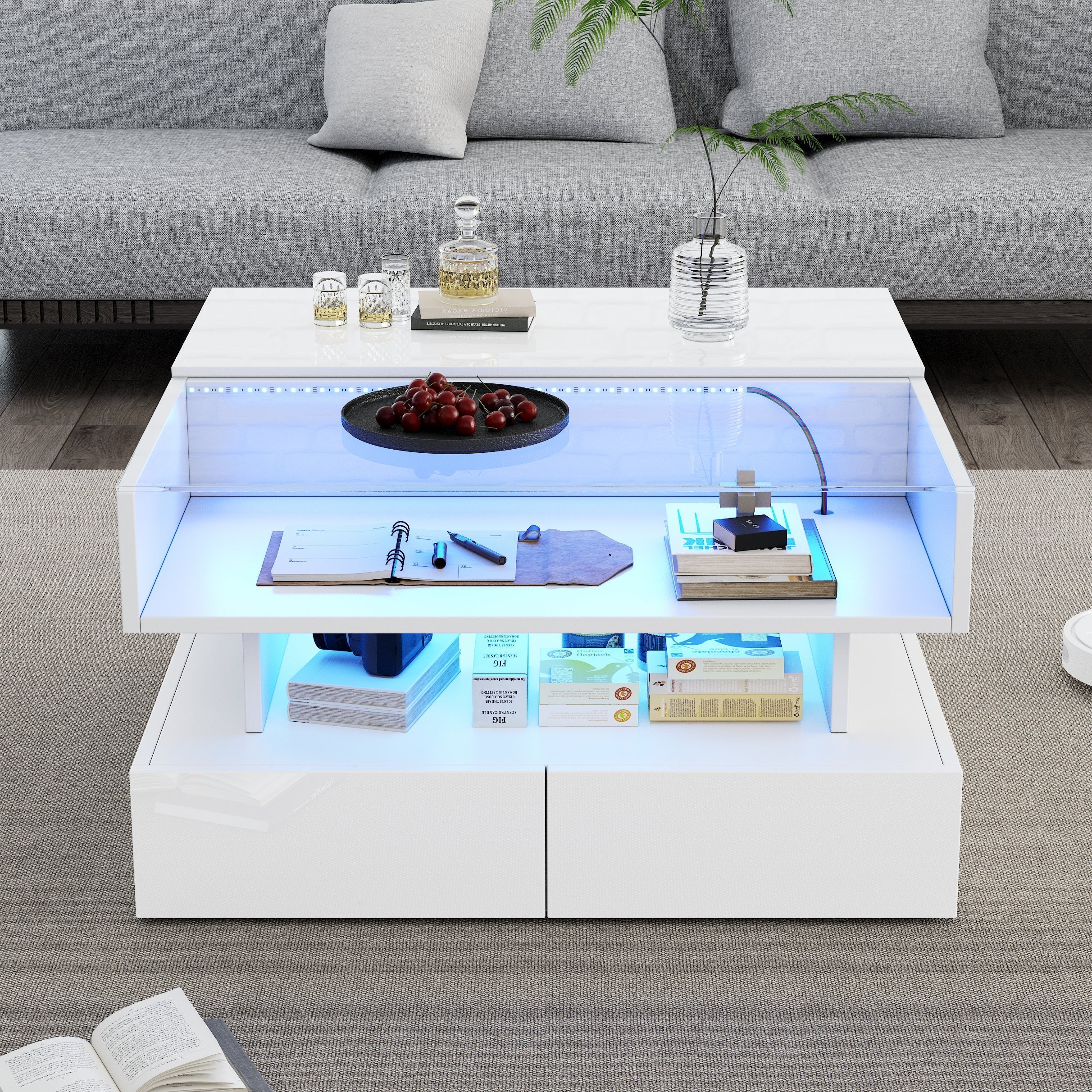 Coffee Table, 80x80x45cm Height-Adjustable Storage LED Lights Tempered Glass, White
