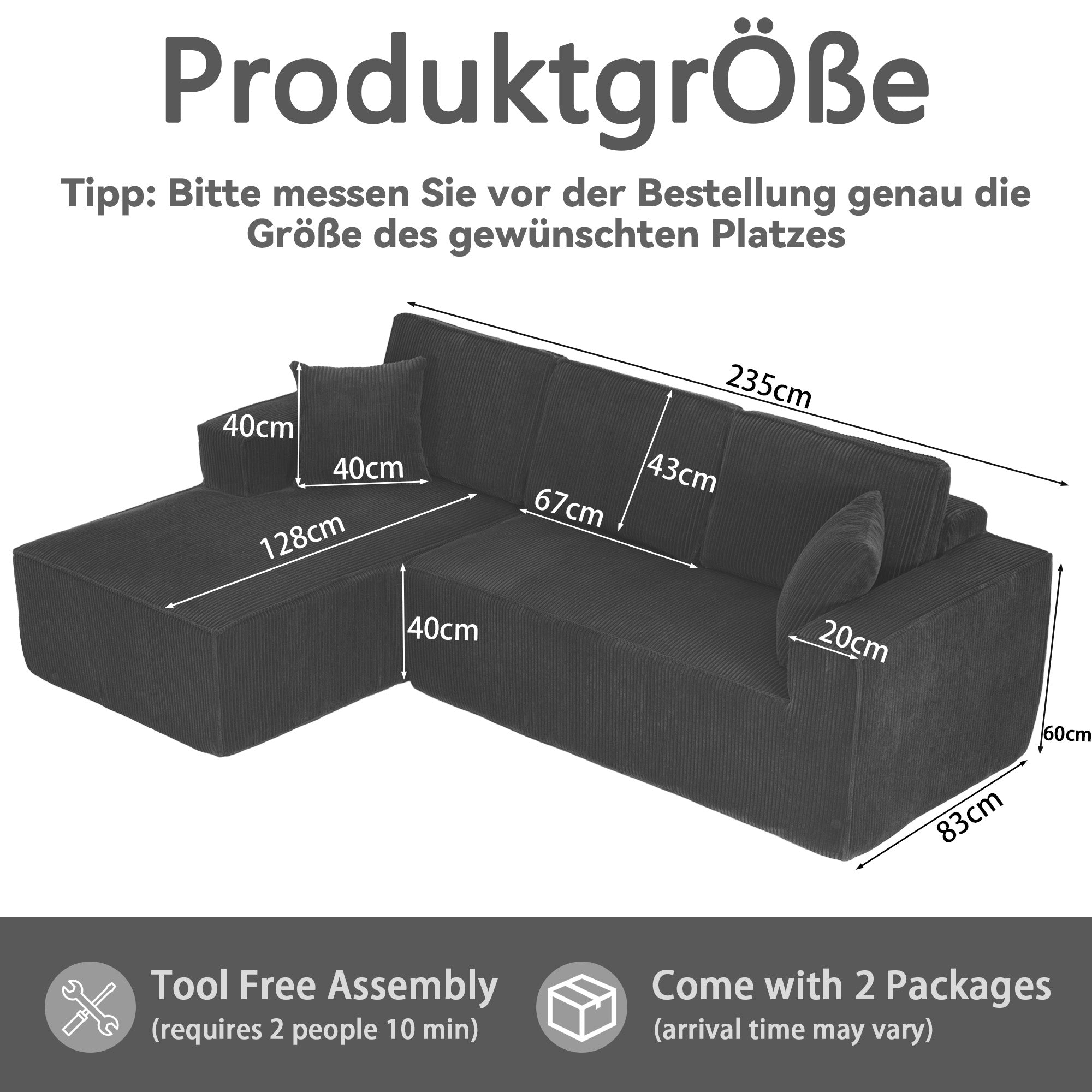 L-shaped Modular Corner Sofa 2-Seater Chaise Black Corduroy Fabric