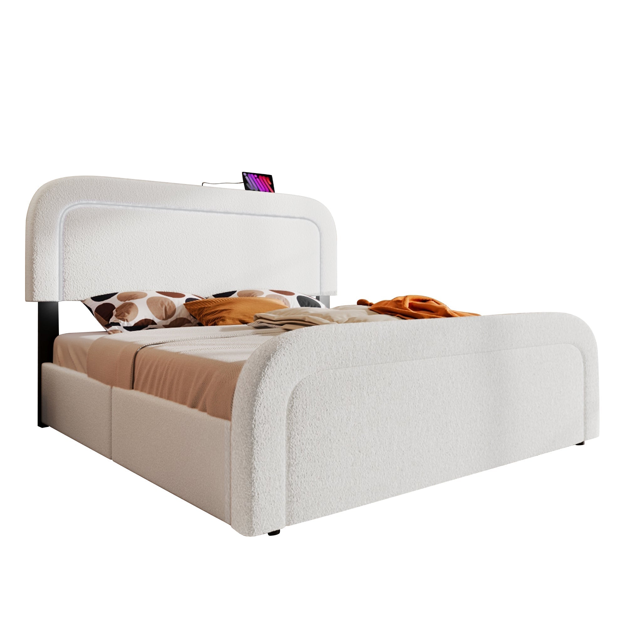 Upholstered Bed with USB Type C, LED Lighting and 4 Drawers, 160x200cm, Sherpa White with Mattress