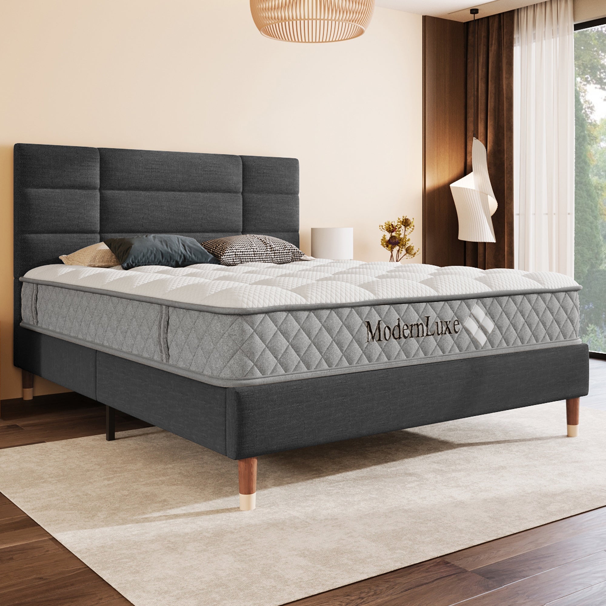 Upholstered Double Bed 140x200cm Slatted Base Headboard, Dark Grey Linen