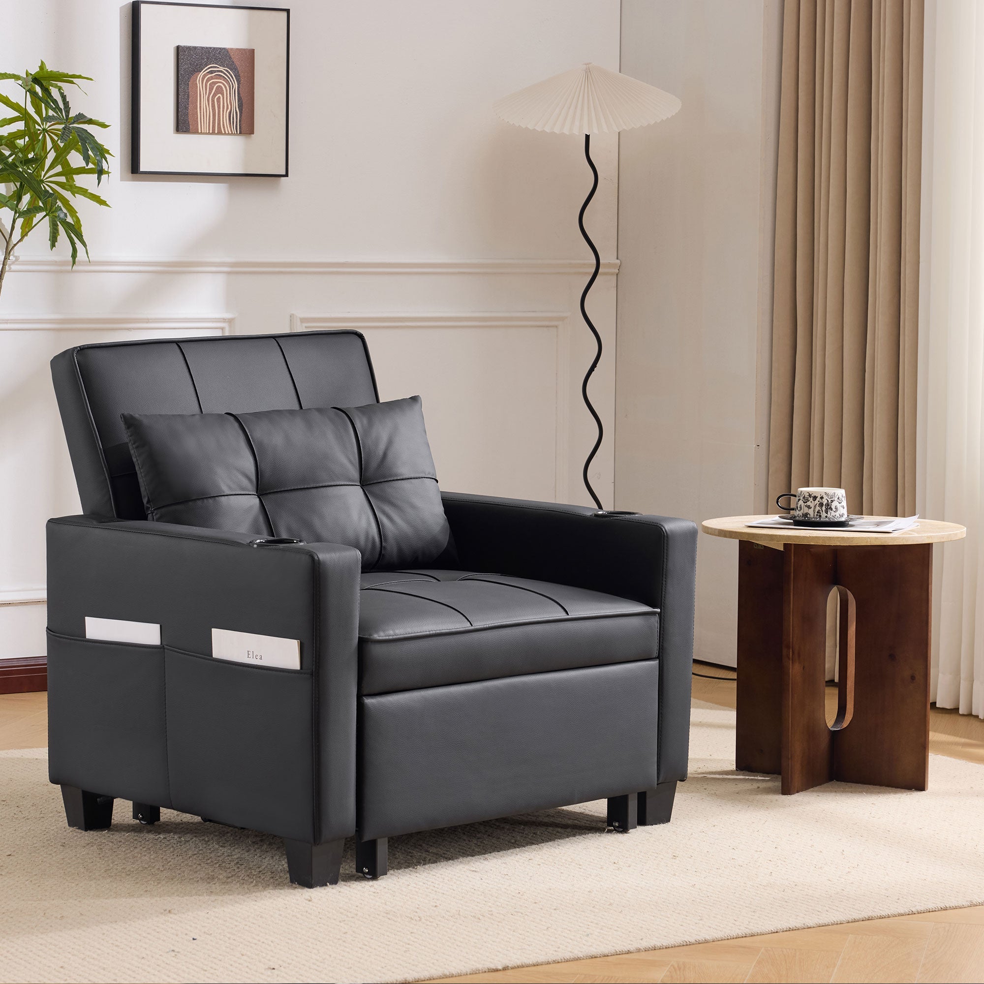 Sofa Bed, 3-in-1 Pull-Out with Cup Holders & USB Port