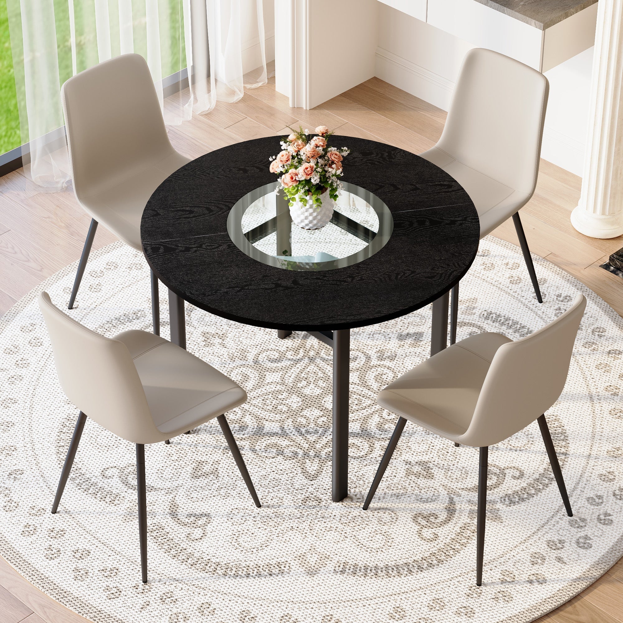 Minimalist Round Table Set 100cm 4 Armchairs - Black Wood Look/Warm Grey PU