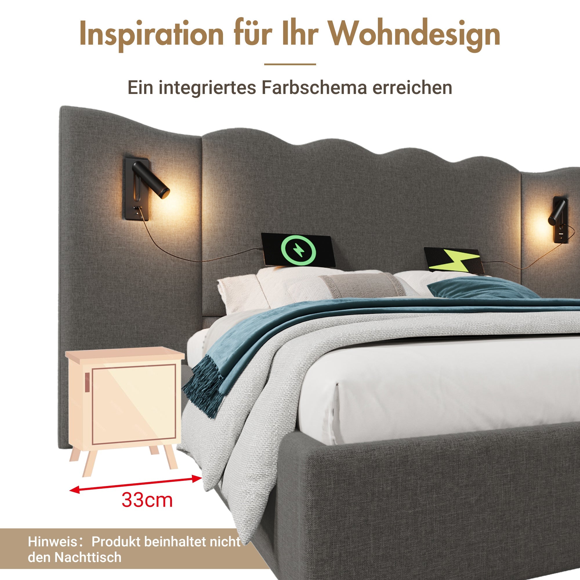 Upholstered Double Bed, 160×200, Reading Lamp, USB Type-C, Storage, Solid Wood & Metal, Grey Linen