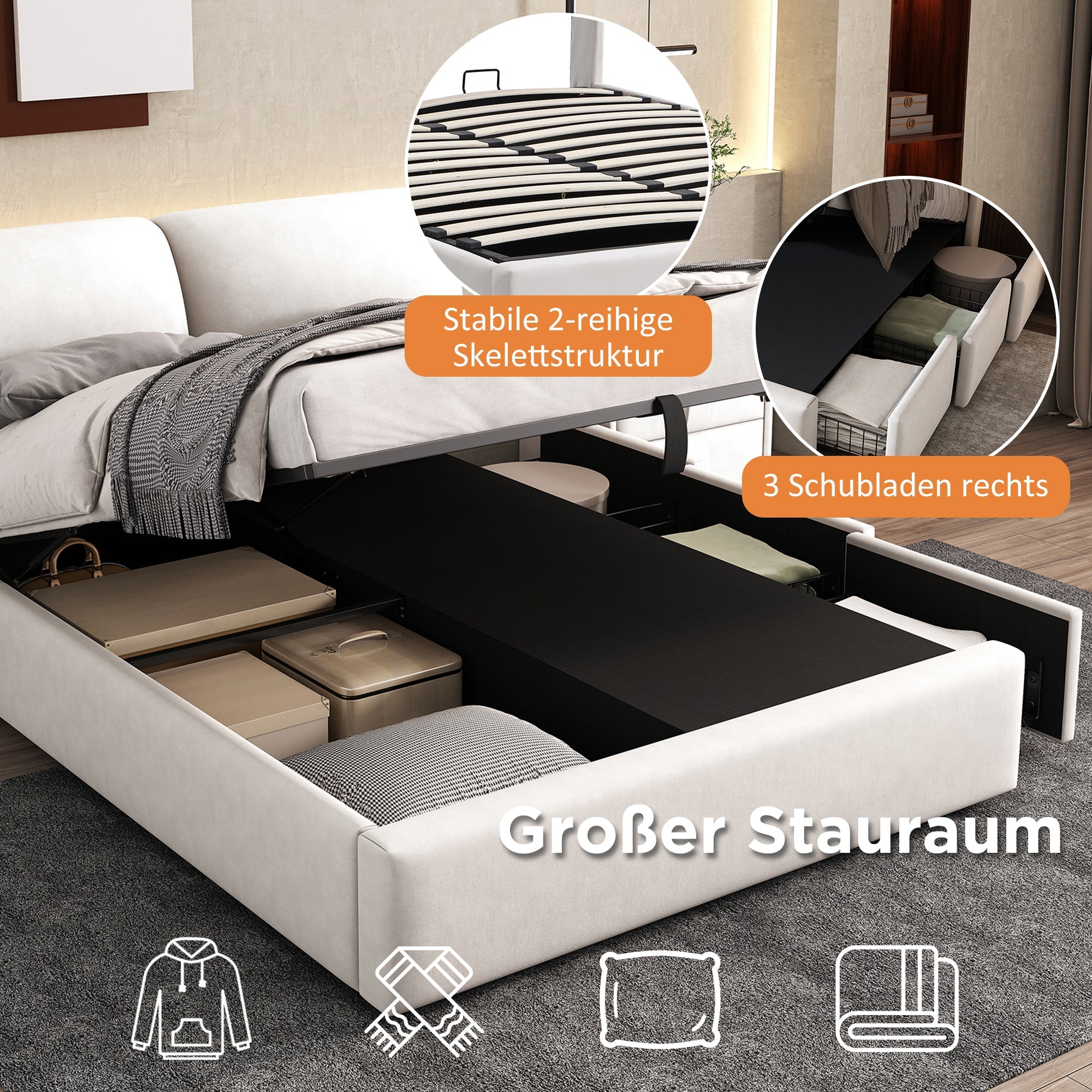 Upholstered Bed with Hydraulic Storage and 3 Drawers, 140x200cm, Beige Velvet