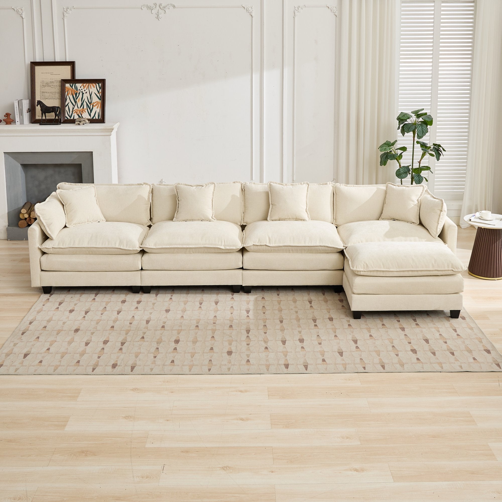 Cloud Sofa 4 Seats, Modern Sectional Couch with Double Layer Cushion, Beige Chenille Fabric