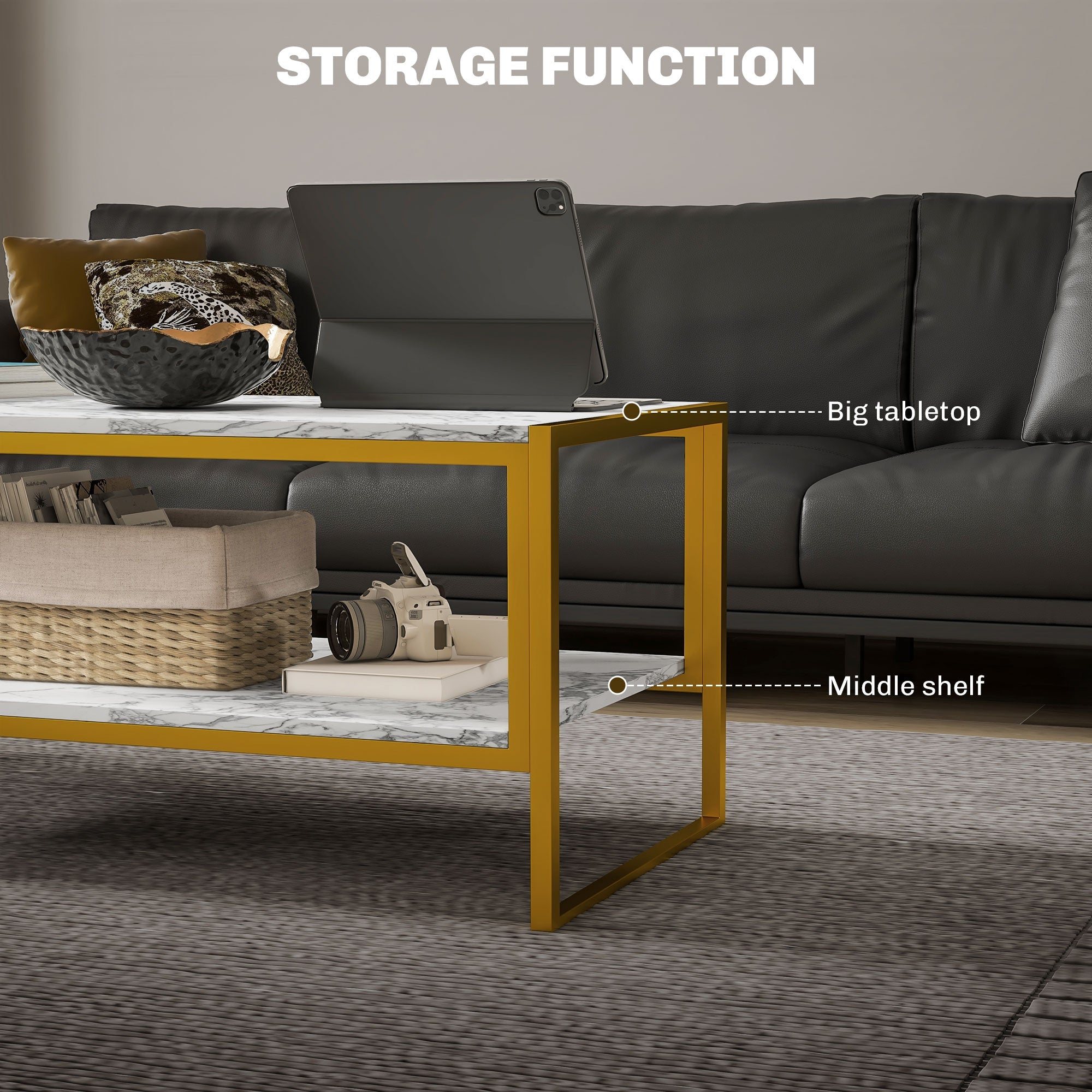 Coffee Table, Two-Tier Centre with Storage Shelf, Metal Frame, White
