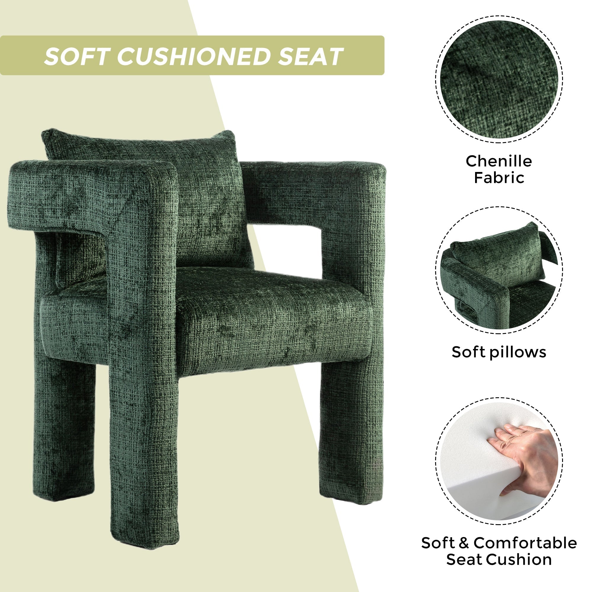 GOMYWAY Modern Chenille Lounge Chair with Hollow Armrest Design and Comfortable Cushions, Emerald (Set of 2)