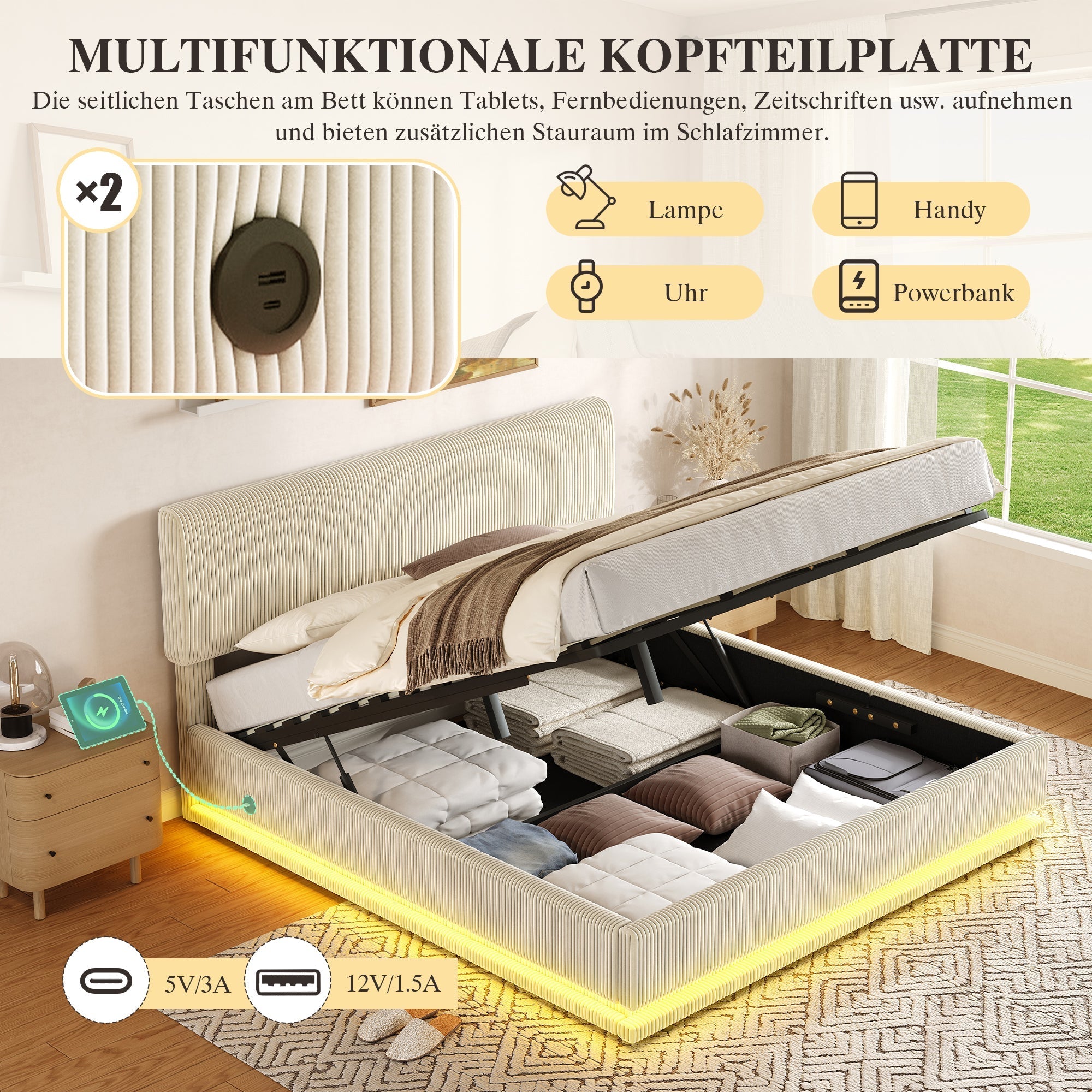 Modern Upholstered Bed with LED Lighting, USB-C and Storage, Corduroy Beige
