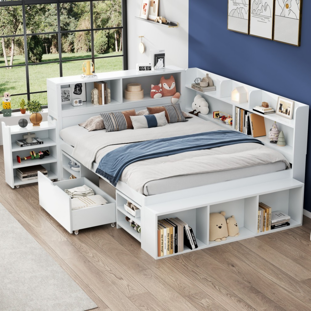 LED upholstered bed, 140 × 190 cm, hydraulic bed, 2-in-1 storage drawers at the foot of the bed, built-in LED light strips on both sides of the bed, slatted base, mattress not included, velvet, grey.