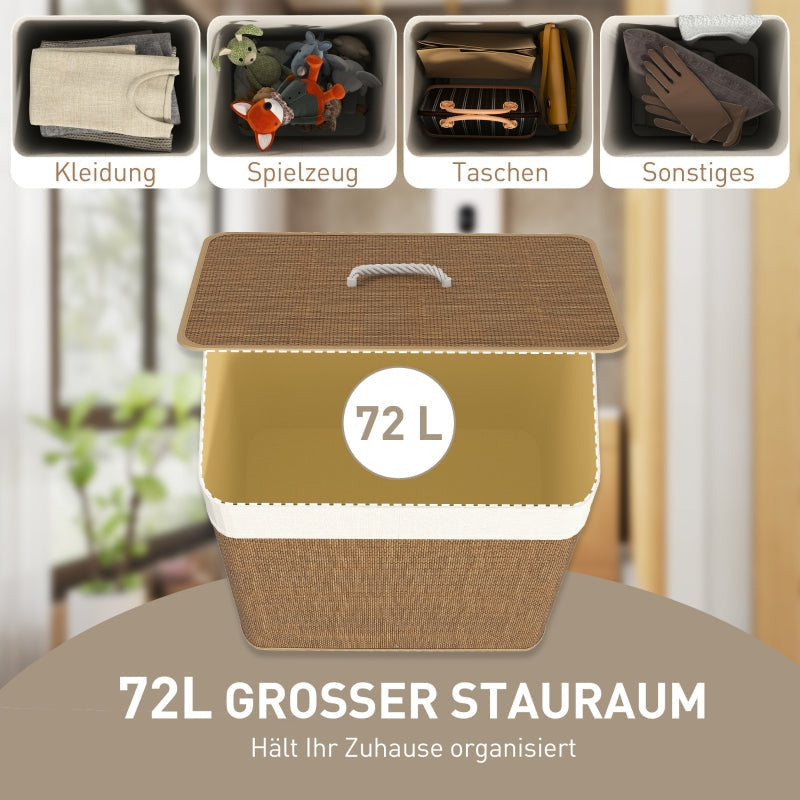 Bamboo Laundry Basket 72L with Lid, Rope Handles, Removable Laundry Bag, Brown