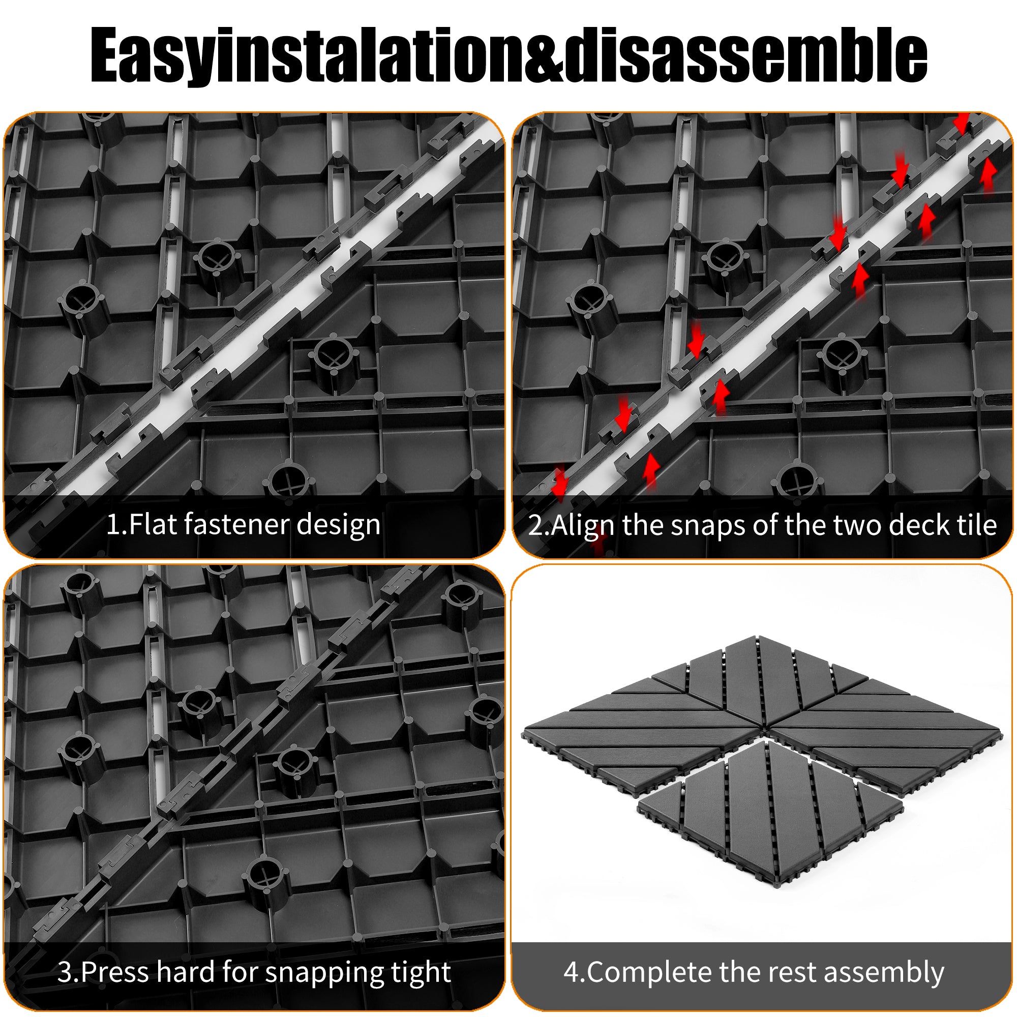Plastic Interlocking Deck Tiles 44 Pack 12x12in Square Waterproof - Dark Grey