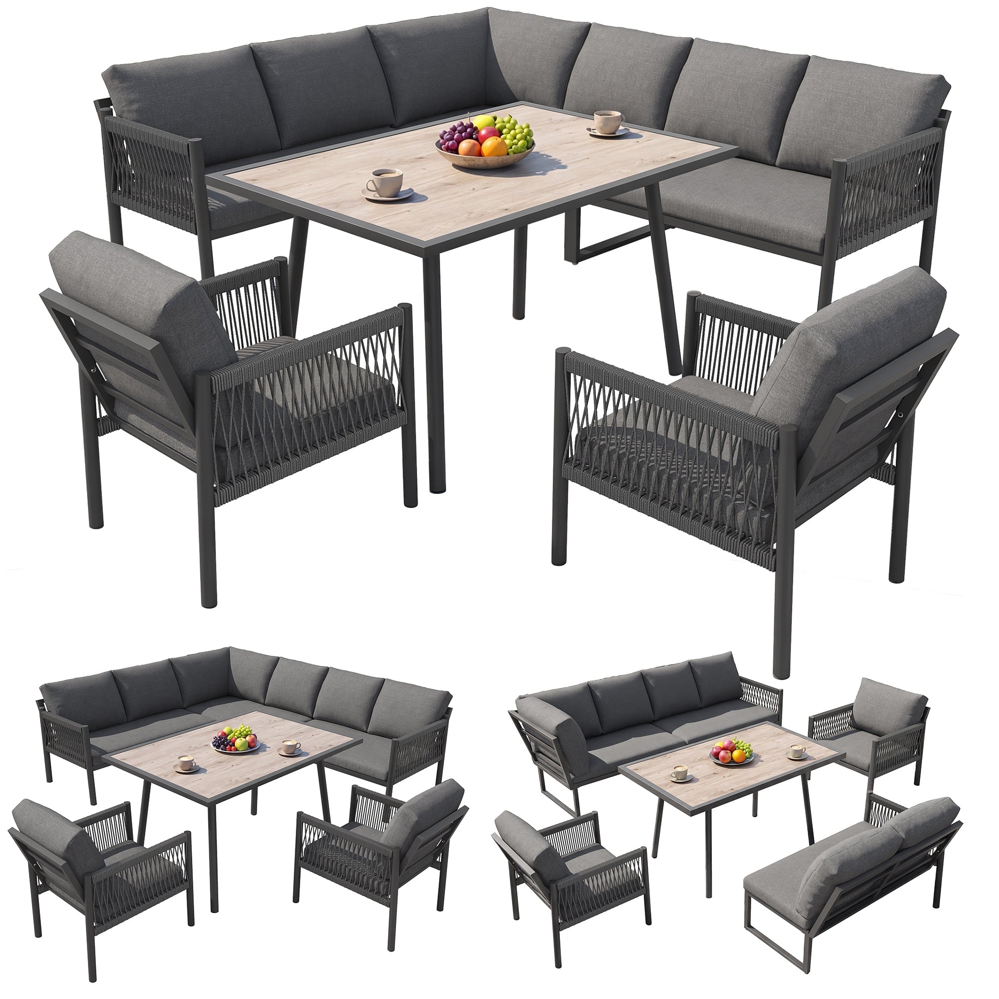 L-Shaped Garden Lounge Seating Group with Table and 2 Armchairs, Seats 7-8, Grey