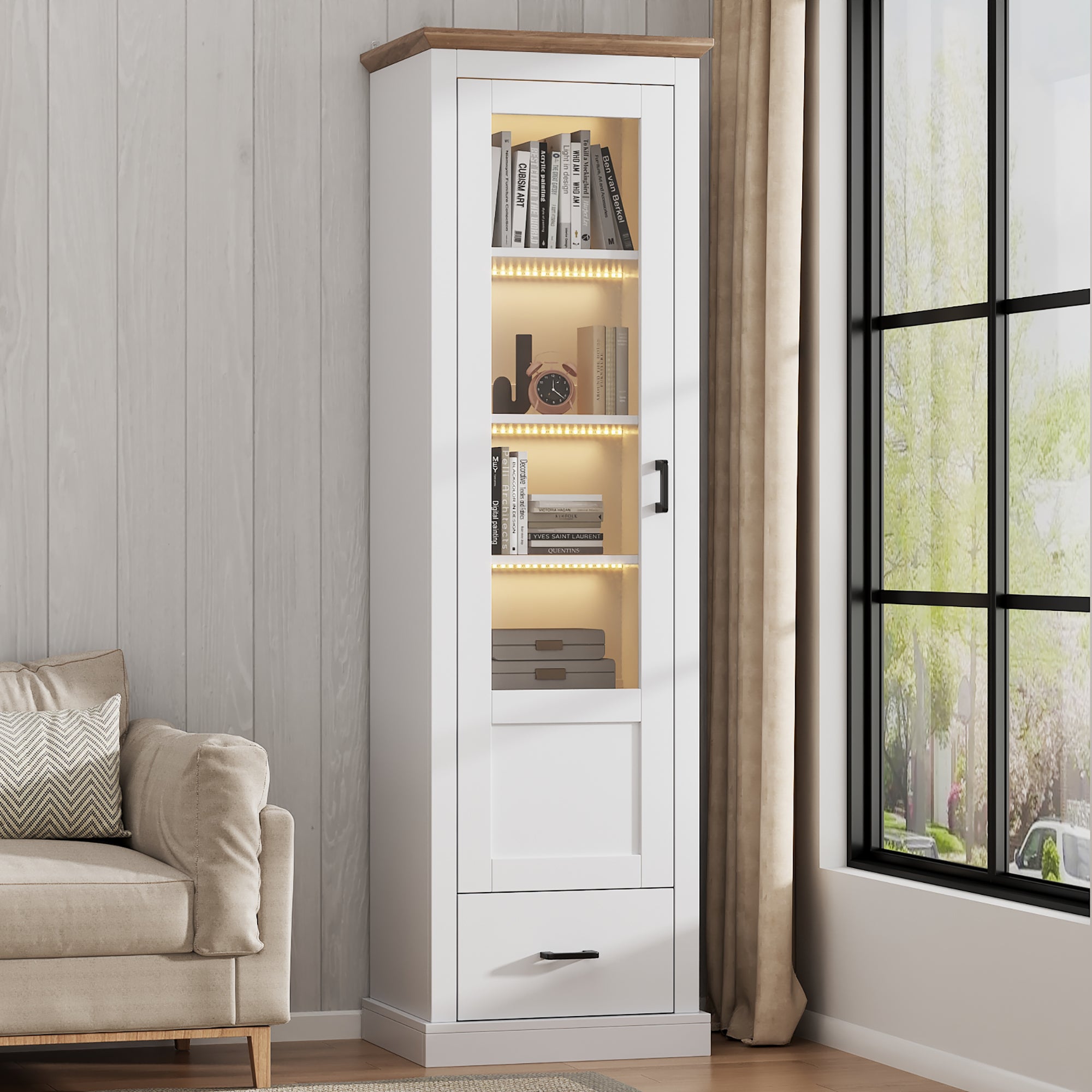 Modern LED Display Cabinet 178cm, USB/Remote, Freestanding, 5 Compartments, Matte White