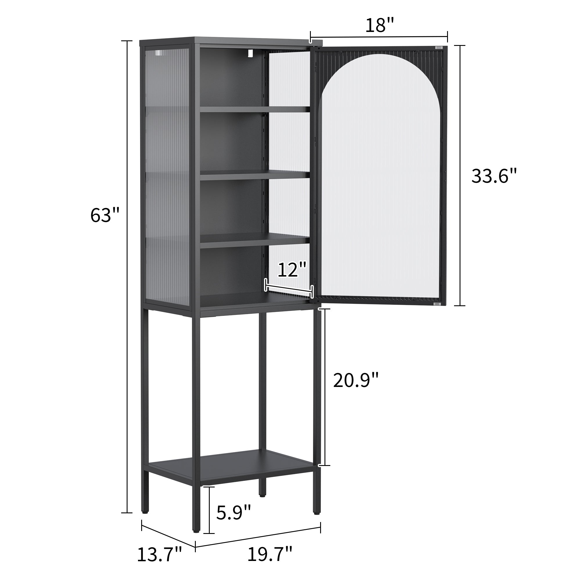 Metal & Glass Display Cabinet 5-Tier 3 Adjustable Shelves 160x50x35cm - Iron