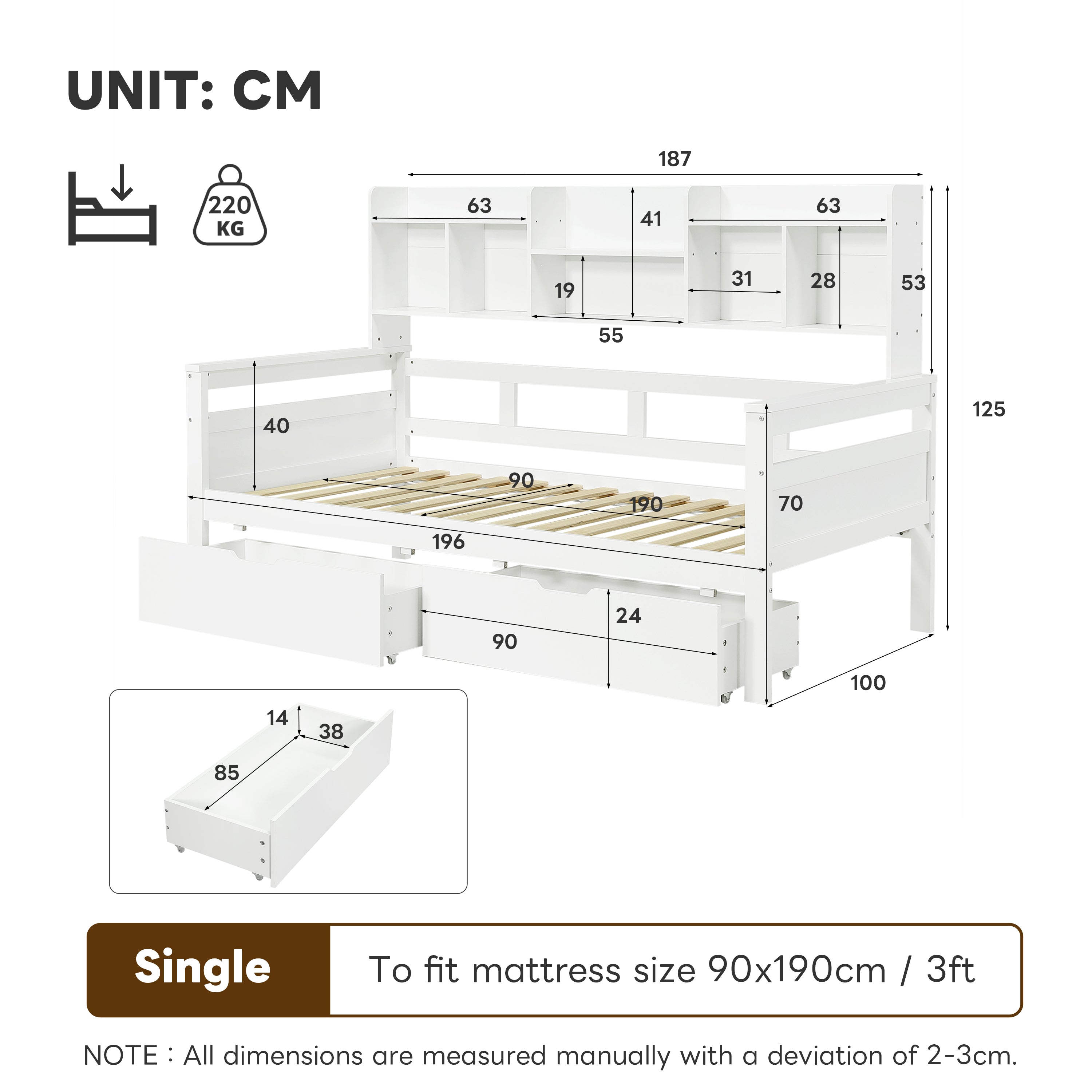 3ft Single Wooden Bed Frame with Two Storage Drawers and Bookcase Headboard, White