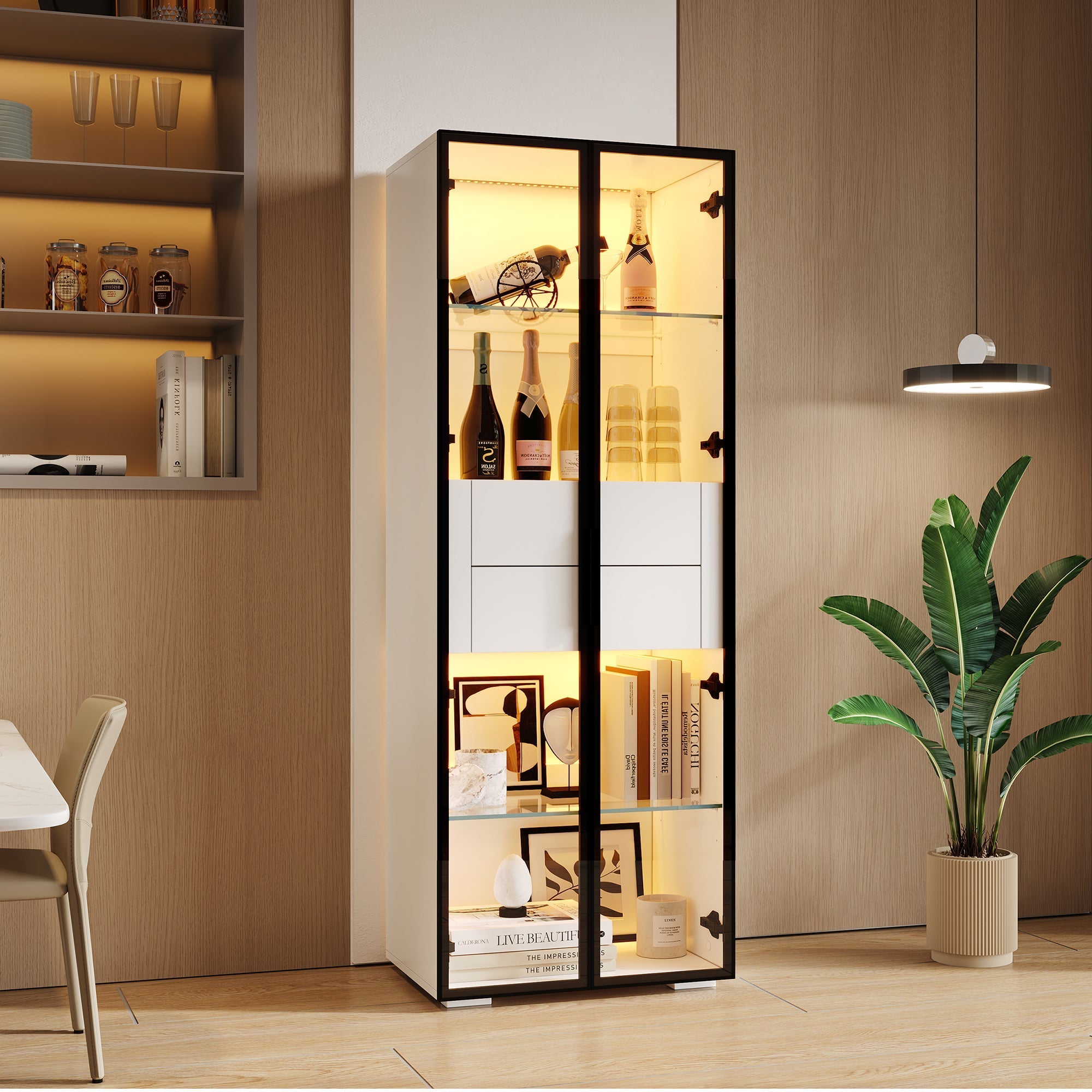 Display Cabinet, Tempered Glass Door, LED, 2 Drawers, White