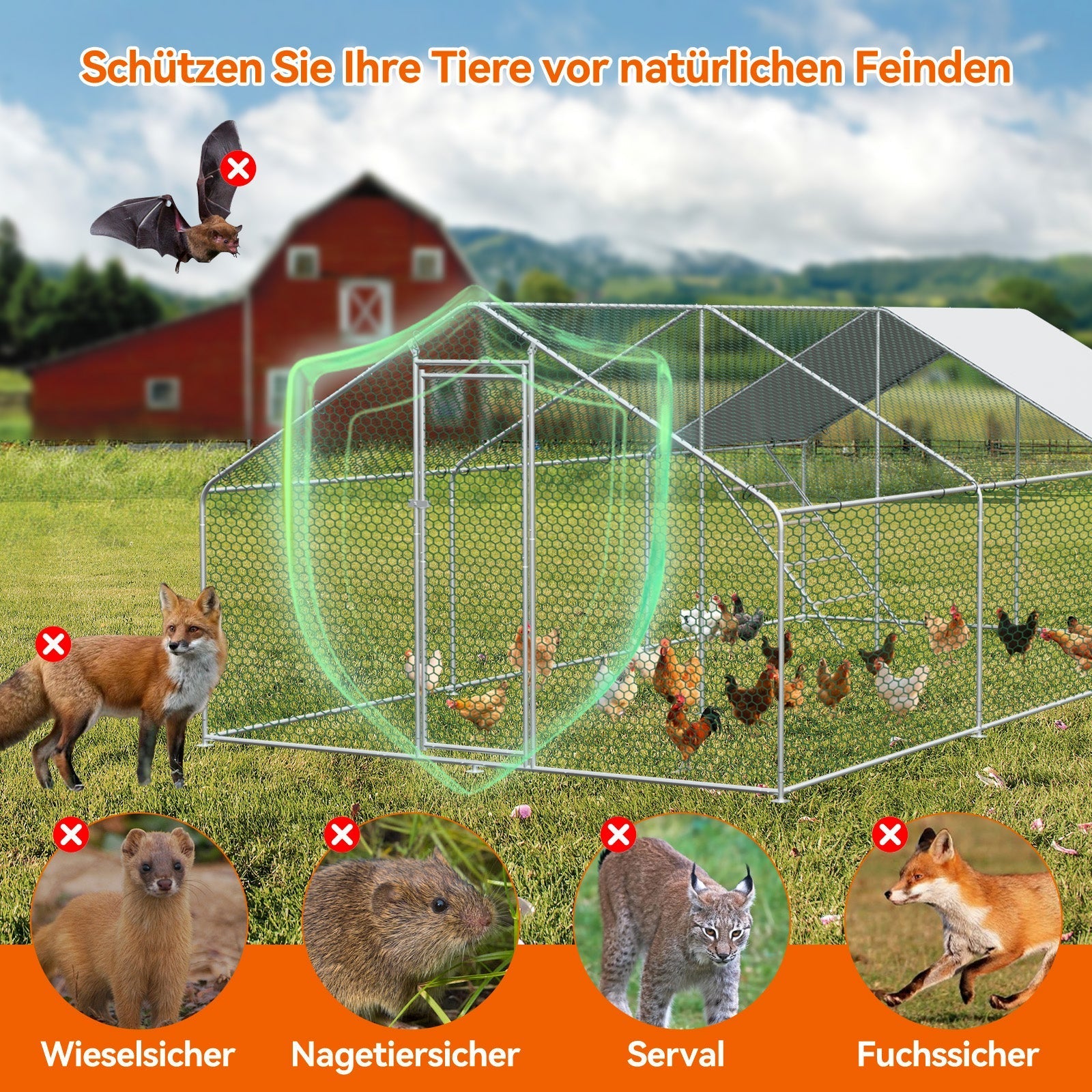 Chicken Run 3x6x2m with Safety Lock & Waterproof PE Cover - Metal