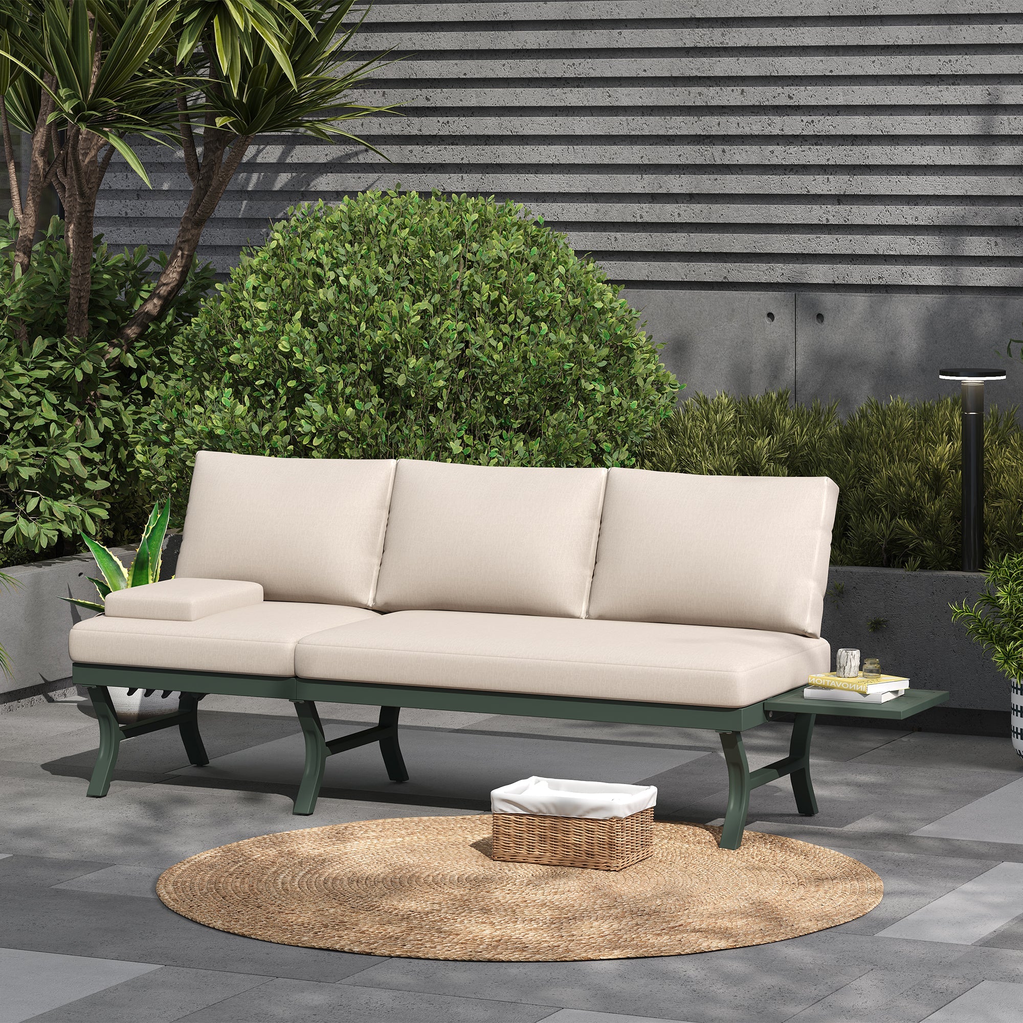 3-Seater Outdoor Sofa Garden Furniture Set with Adjustable Reclining Function and Table, Green Galvanized Steel Tube