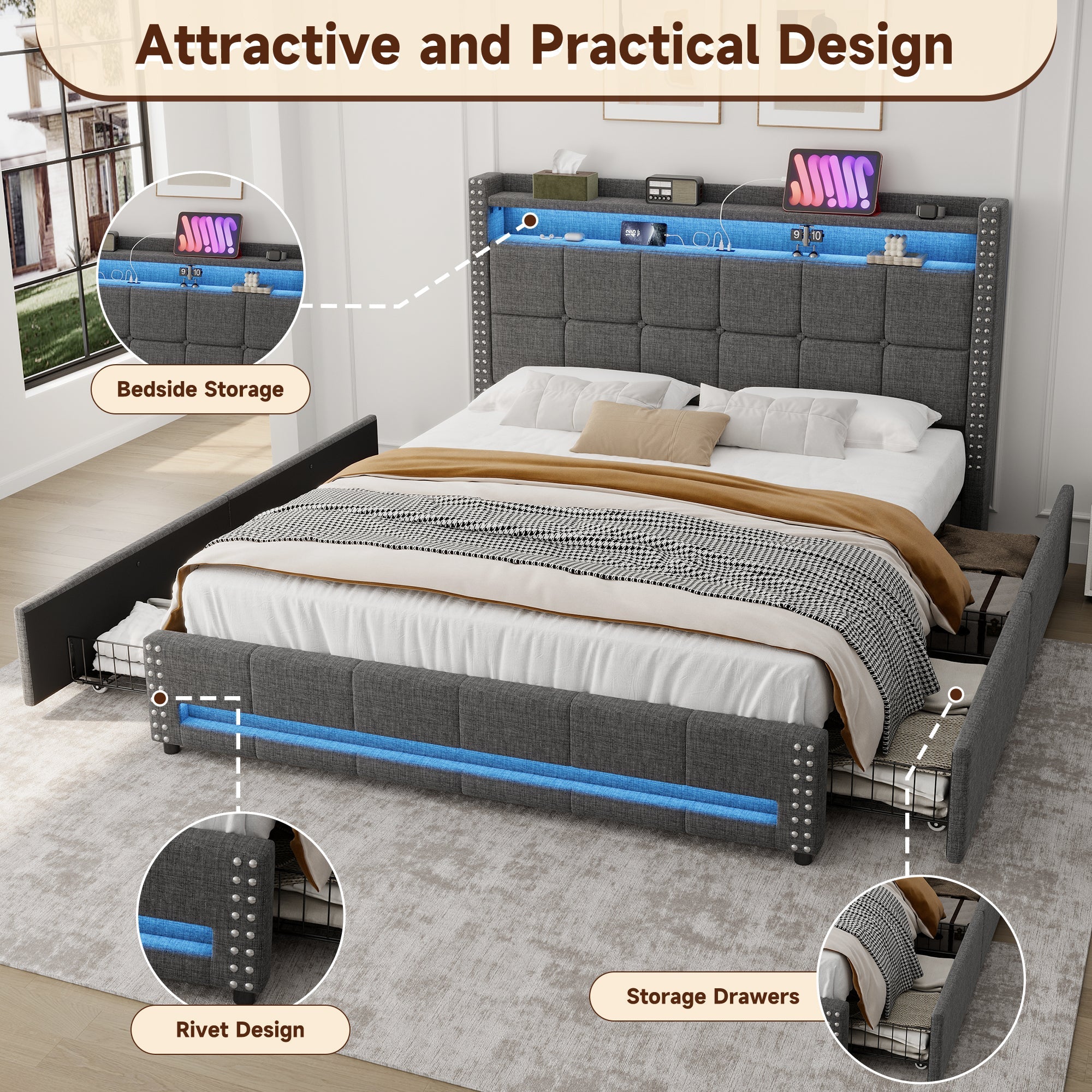 4ft6 Double Upholstered Bed with 4 Storage Drawers, LED Charging Station, Linen Grey