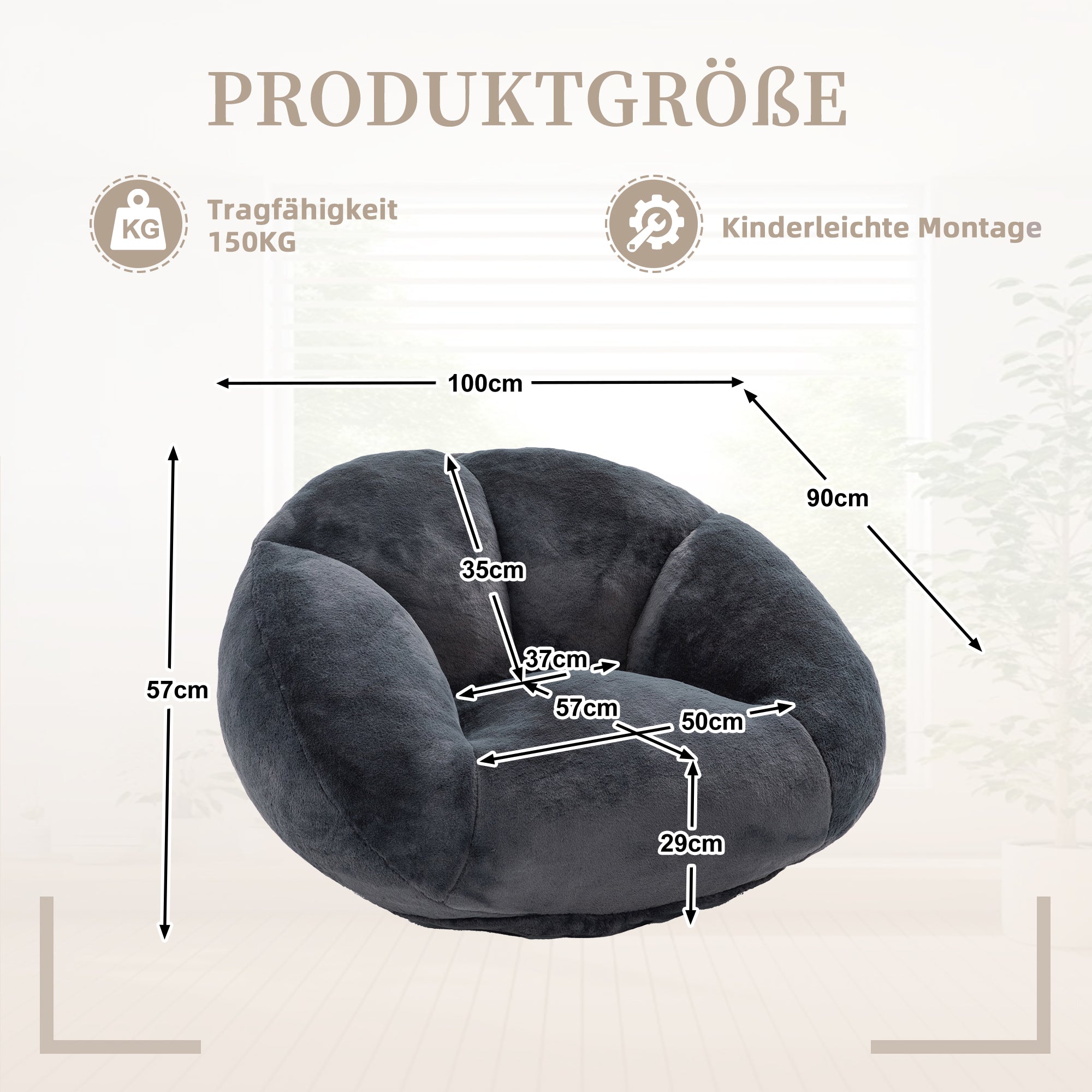Soft Plush Beanbag Sofa with Non-Slip Base and Memory Foam, Faux Rabbit Fur
