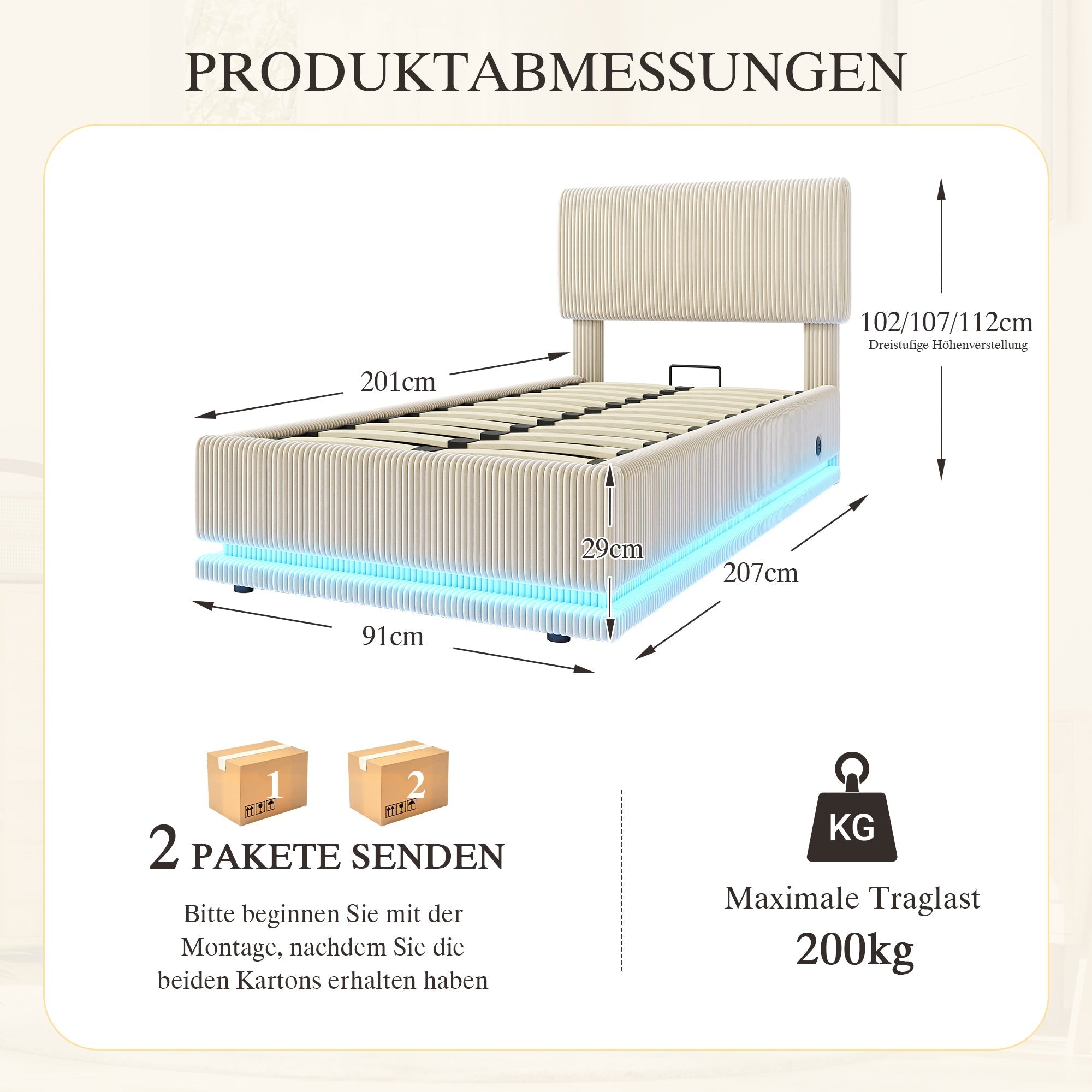 Modern Upholstered Bed with LED Lighting, USB-C and Storage, 90*200 Beige Corduroy