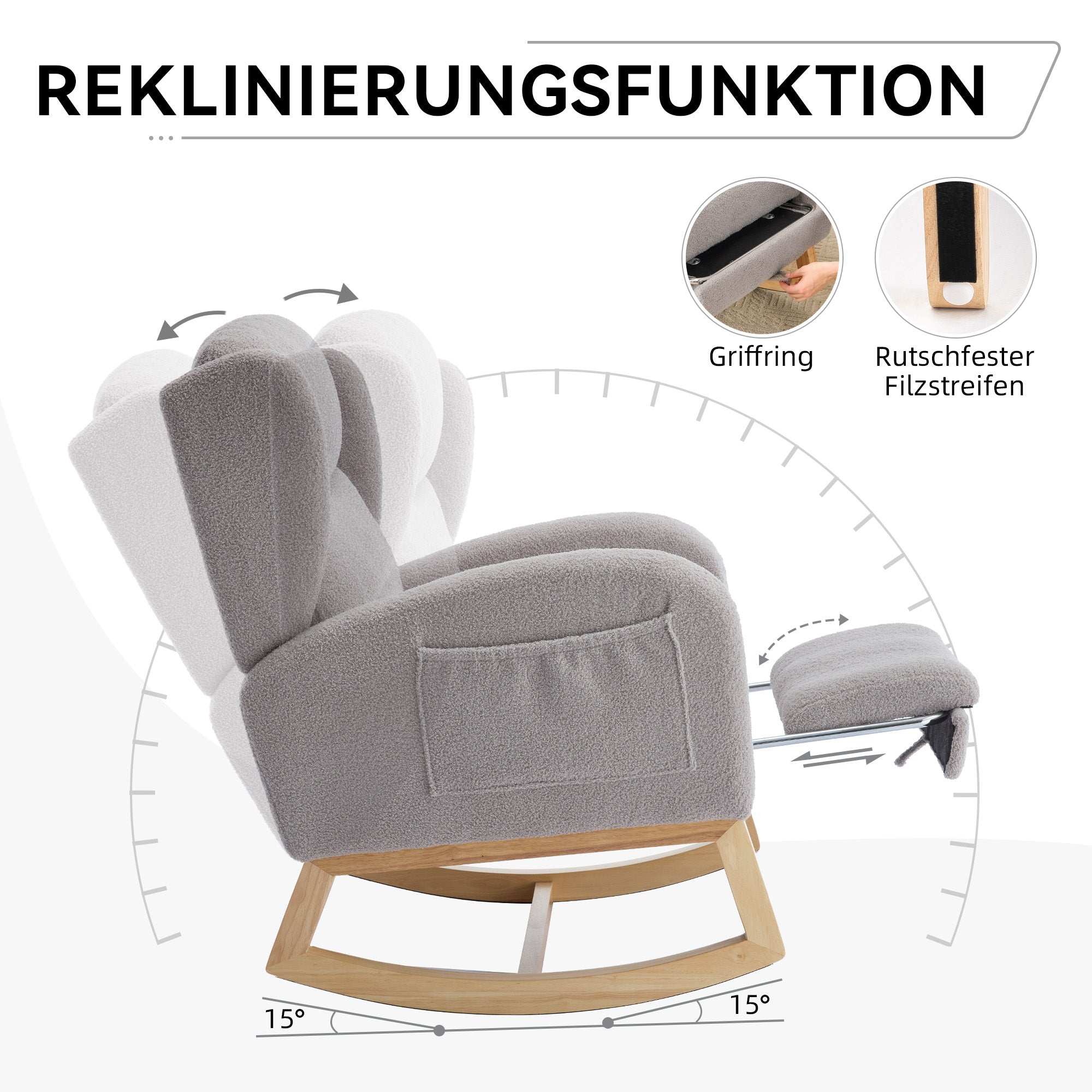 049B Rocking Chair, Nursing Lounge Chair with Adjustable Footrest, High Back, Teddy Fabric, Gray