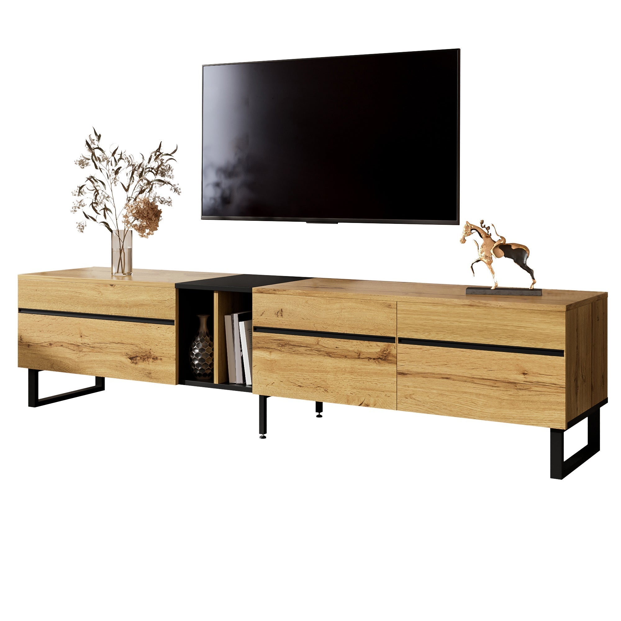 Modern TV Lowboard 180cm Drop-Down Open Shelves Double Doors