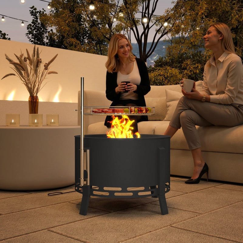 Portable Fire Pit 58cm Round Grill Grate Ash Catcher Poker, Black