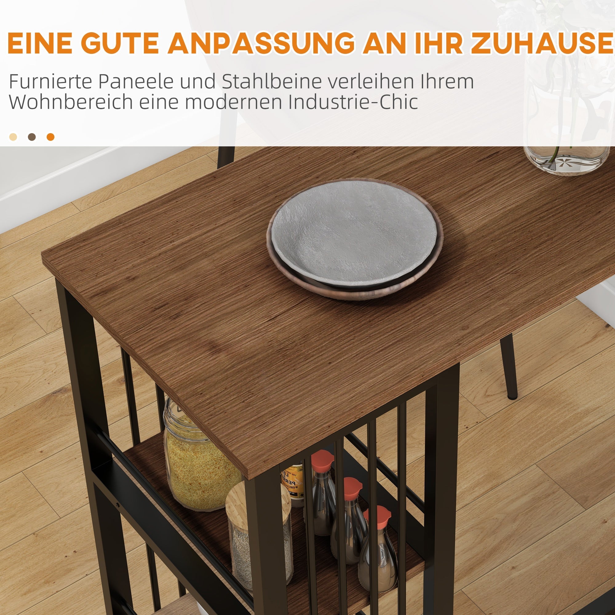 Bar Table, 3 Shelves, Kitchen, Steel Frame, Brown