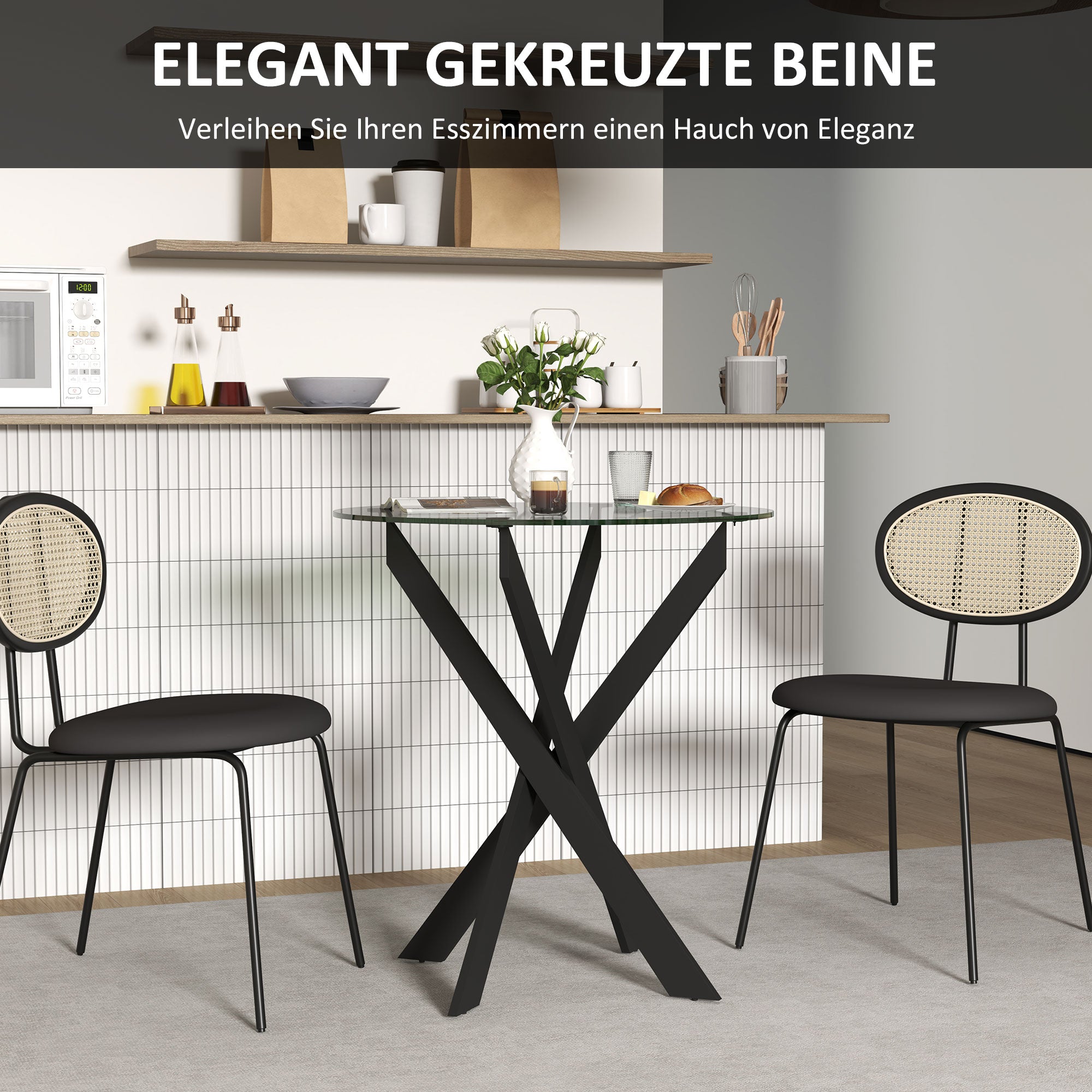 Dining Table, Round for 4 People, Steel Legs, Tempered Glass, Black + Transparent