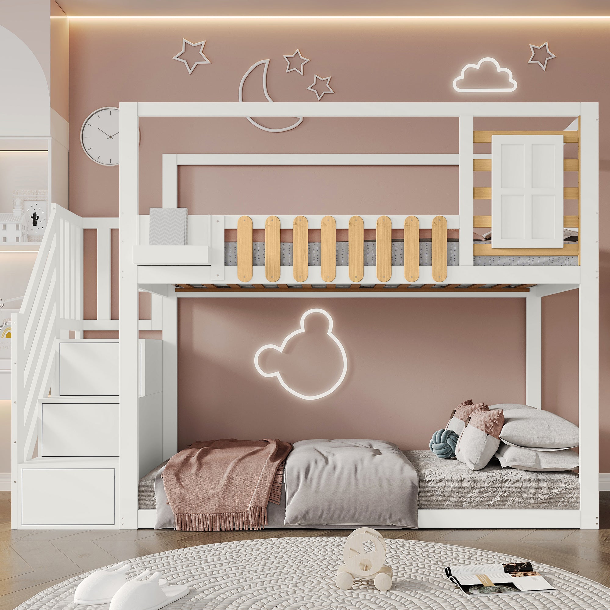 Bunk Bed with Stairs, Window & Shelf, Pine, White 90x200cm